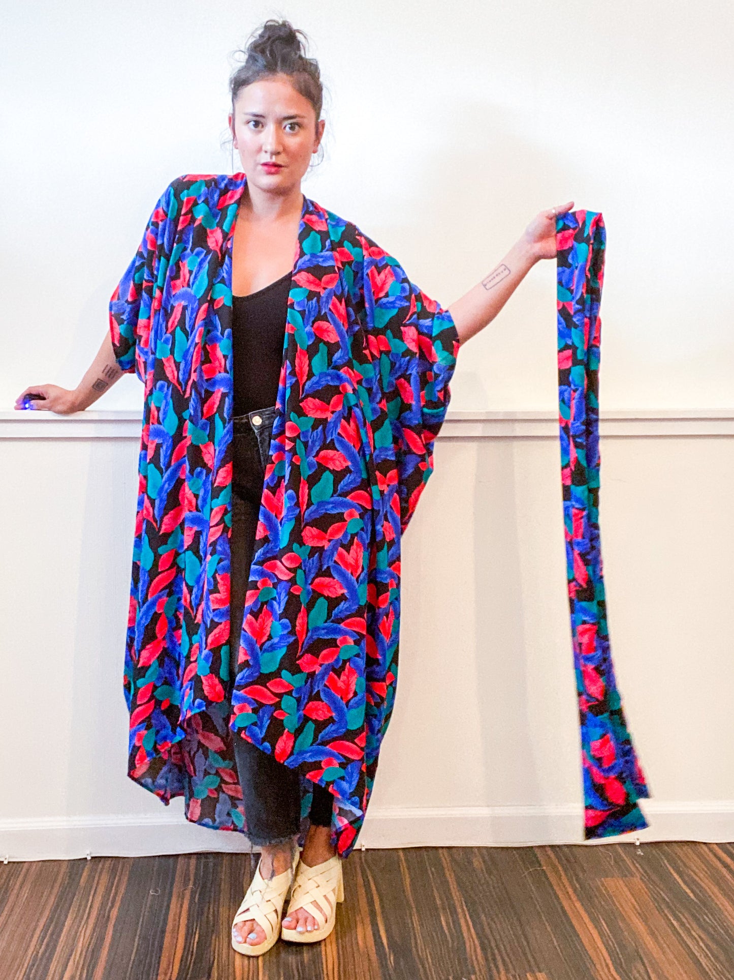 Print High Low Kimono Black Tropical Leaves Rayon Challis