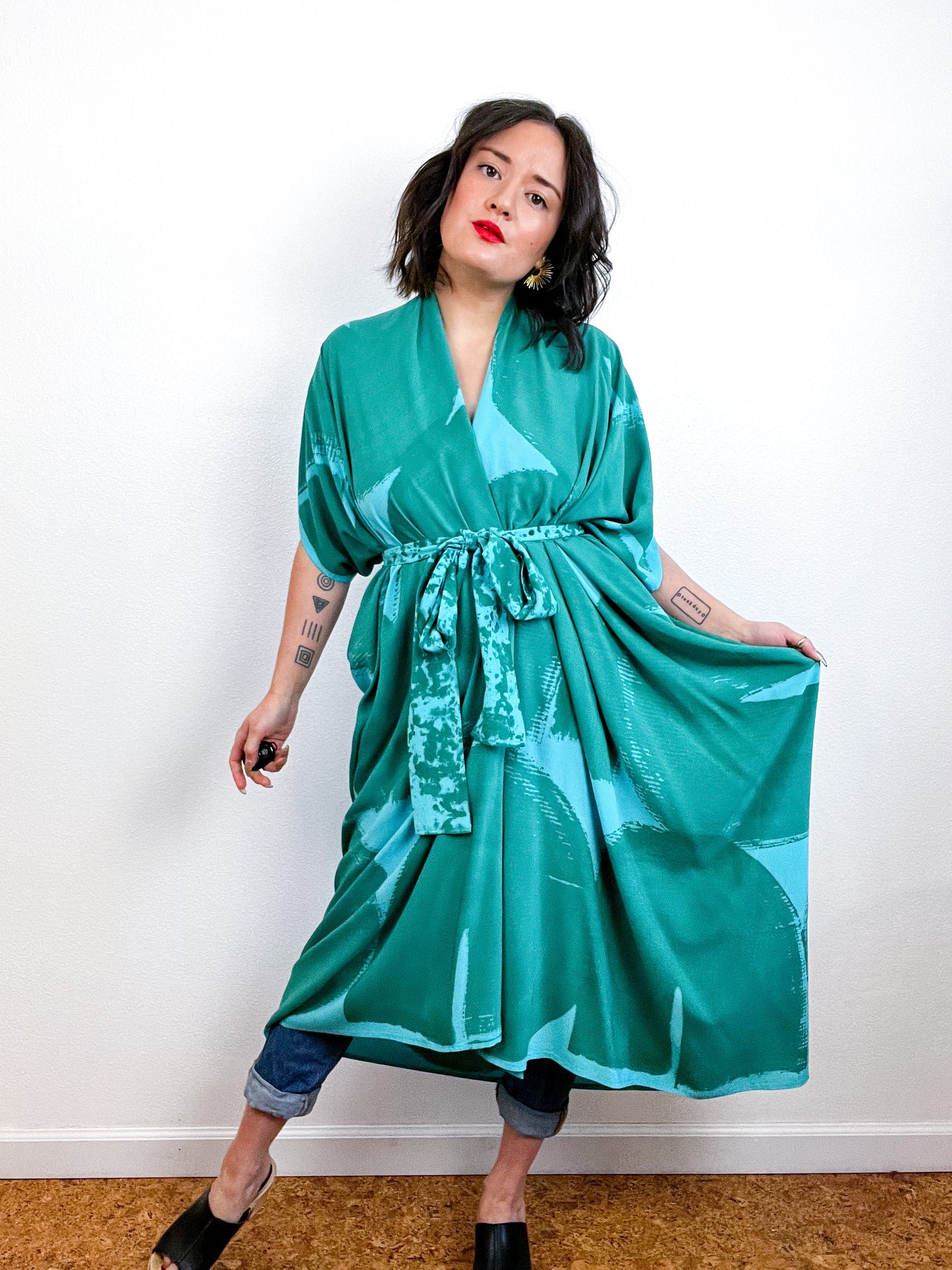 Hand-Dyed High Low Kimono Turquoise Teal Brushstroke