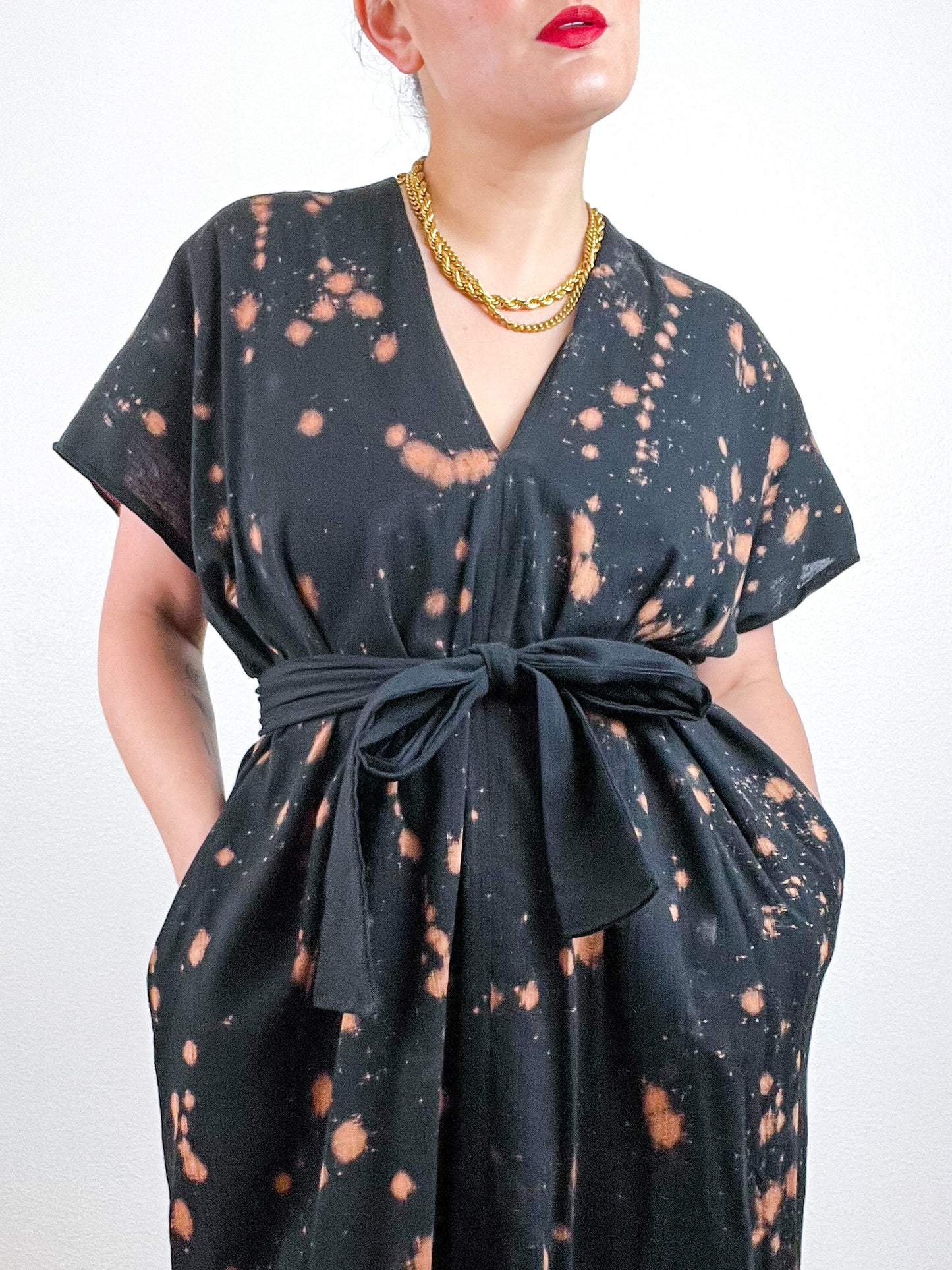 Single Gauze Midi Caftan Dress Black Rust Speckle
