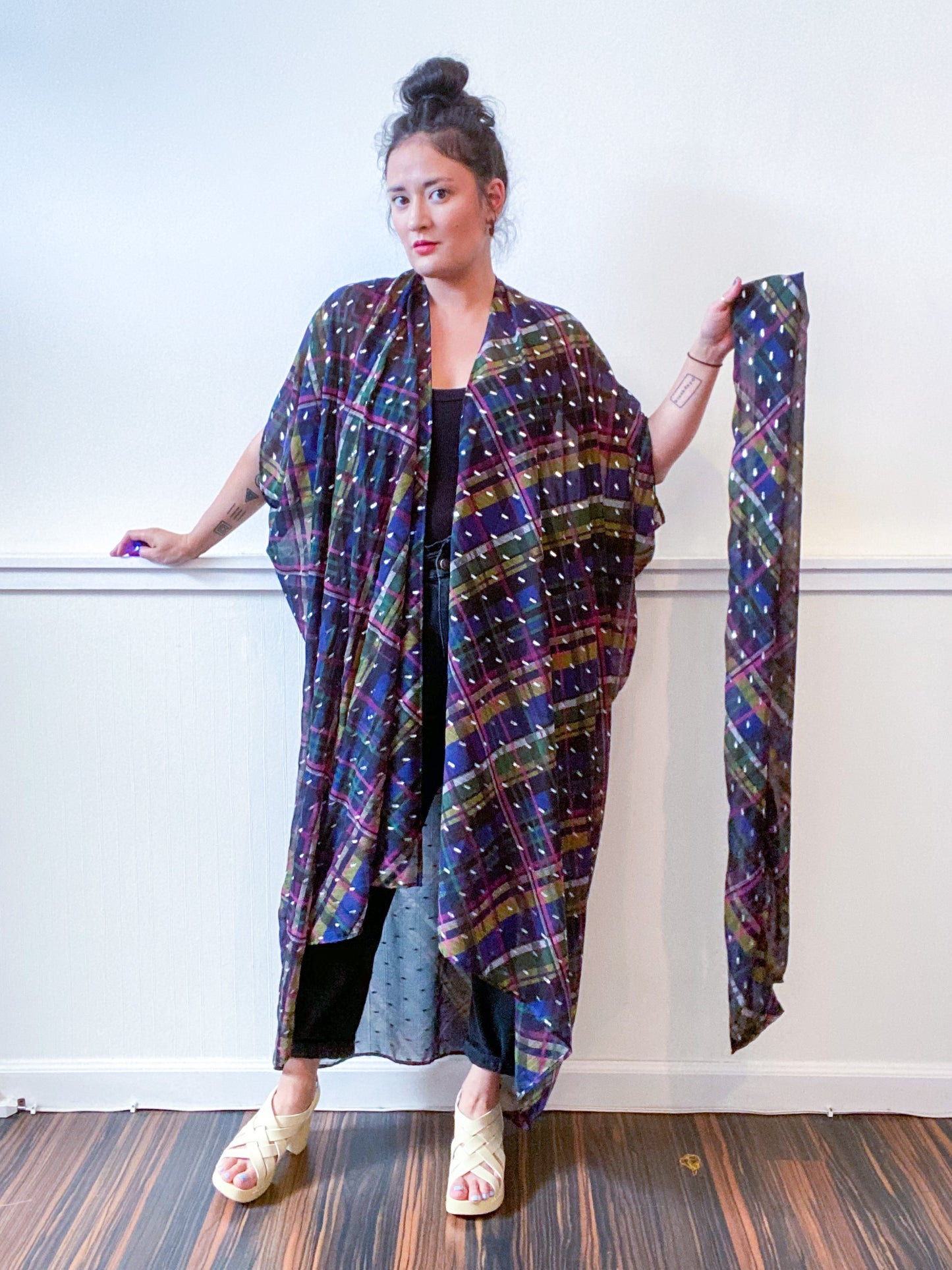 Print High Low Kimono Black Silver Plaid Chiffon