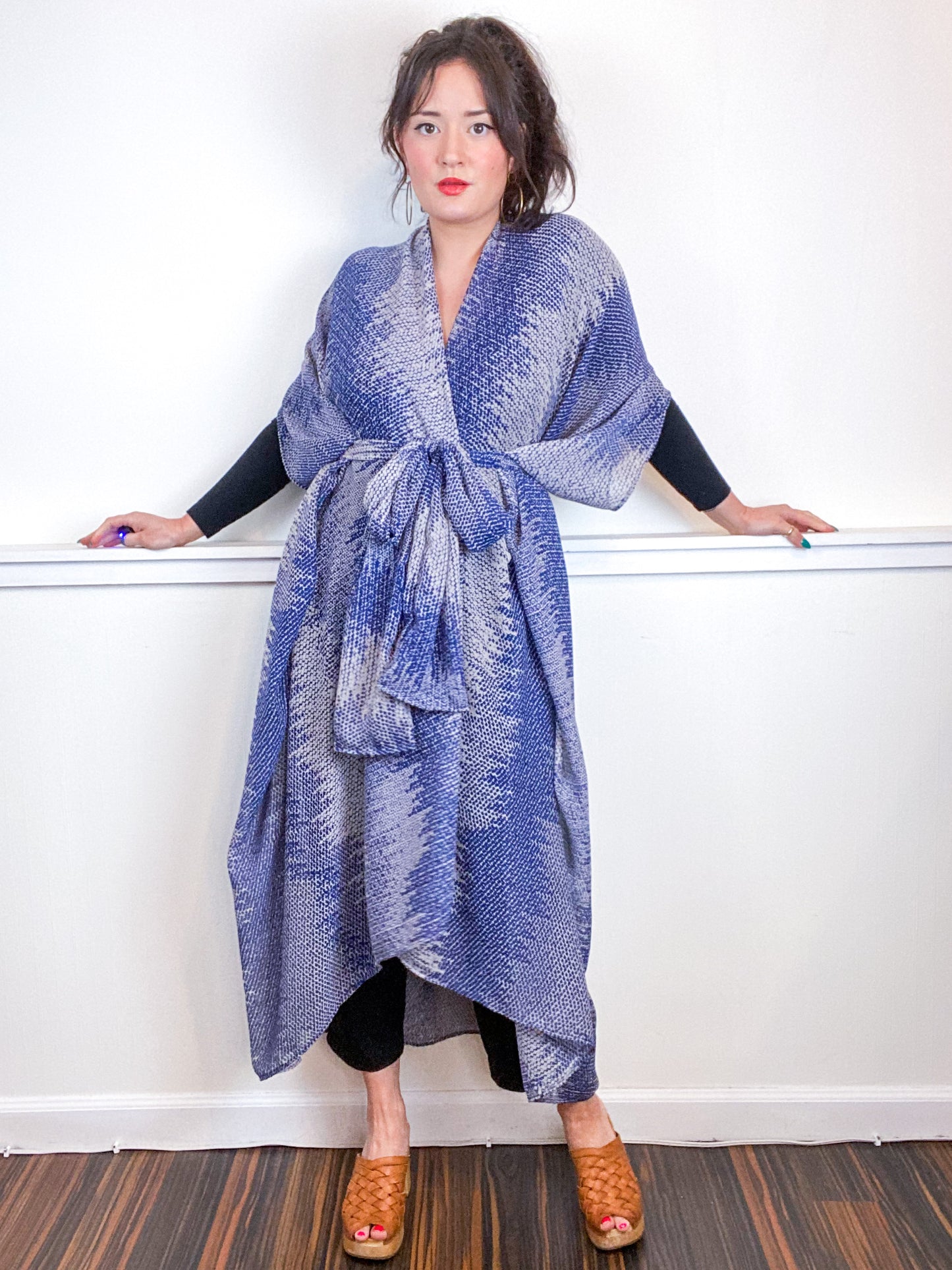 Print High Low Kimono Indigo Static Chiffon