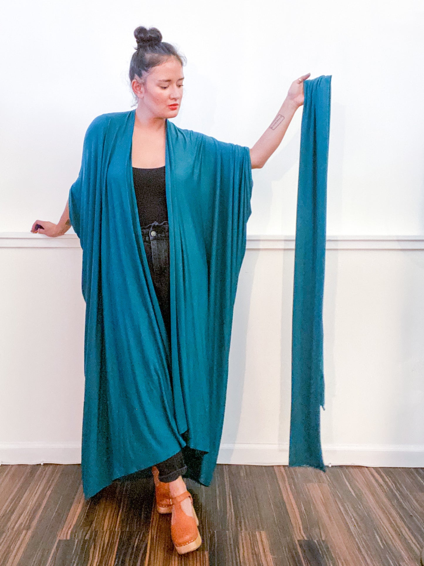 Solid High Low Kimono Teal Knit