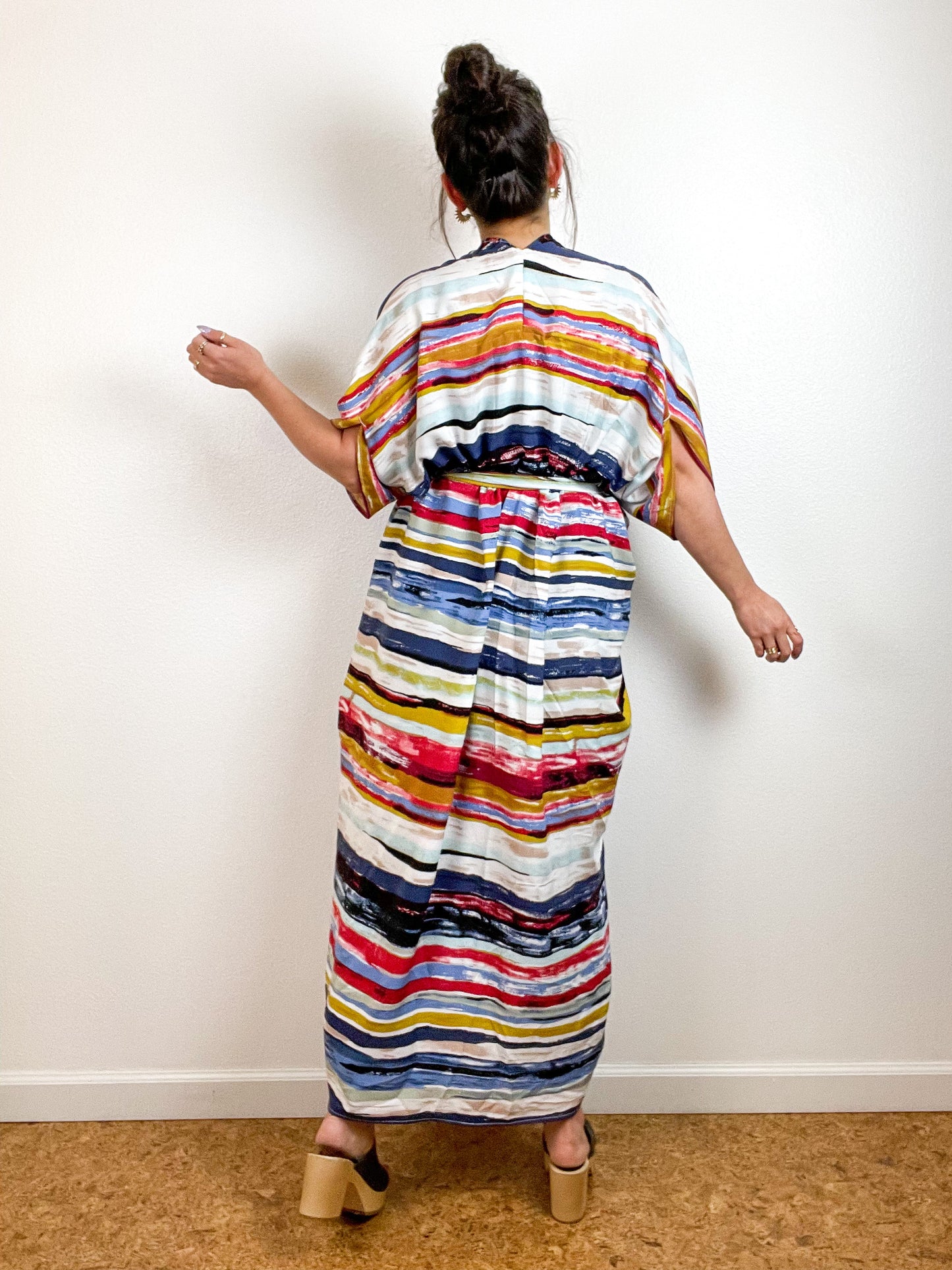 High Low Kimono Painterly Stripes Rayon Challis