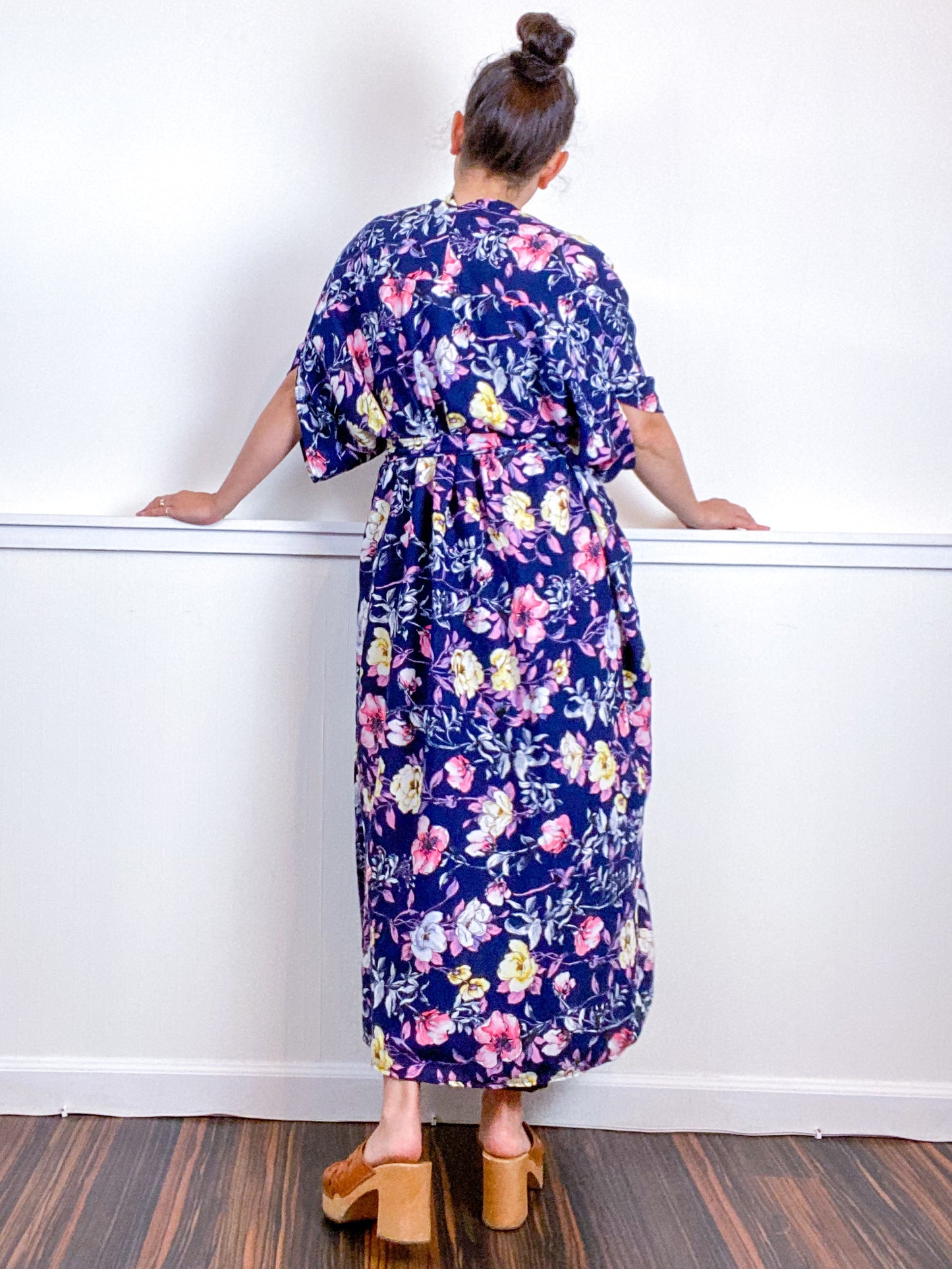 Print High Low Kimono Navy Pink Floral Rayon Challis