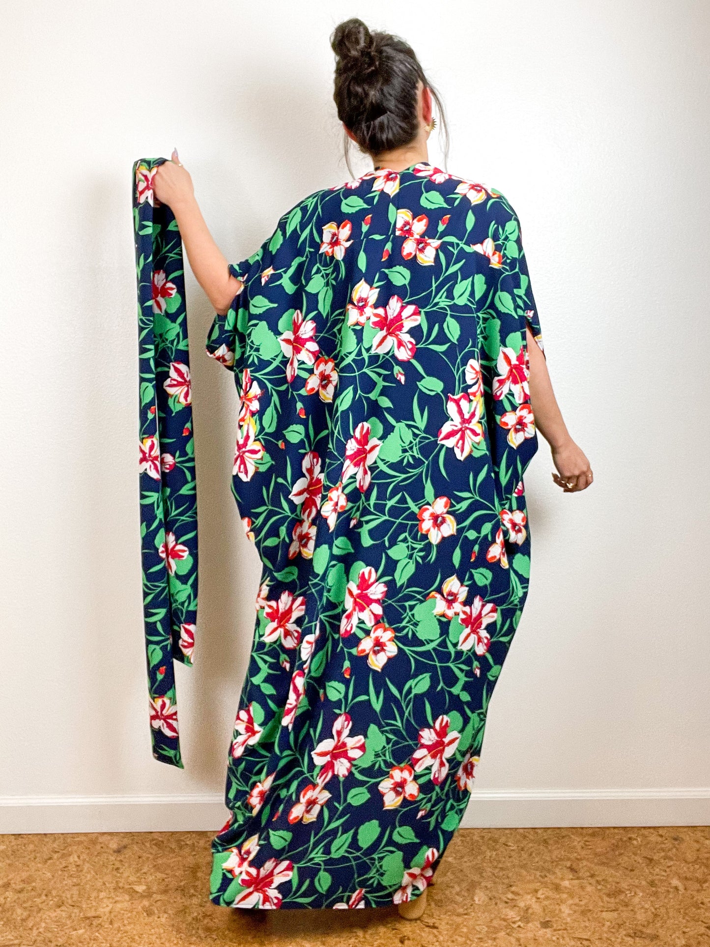 High Low Kimono Navy Hibiscus Bubble Crepe