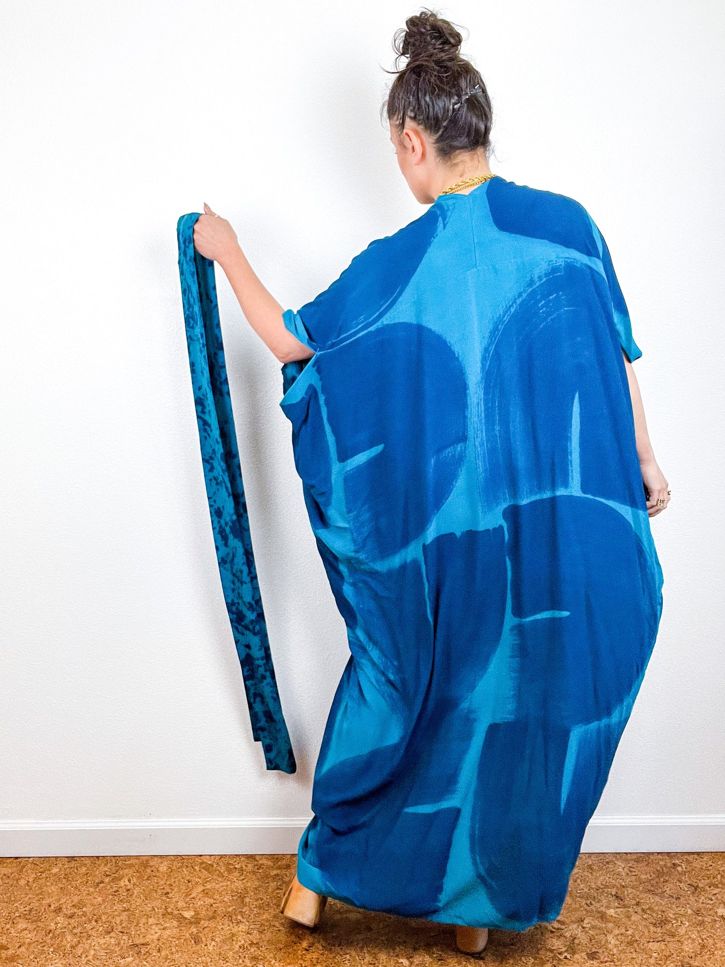 Hand-Dyed High Low Kimono Turquoise Indigo Brushstroke