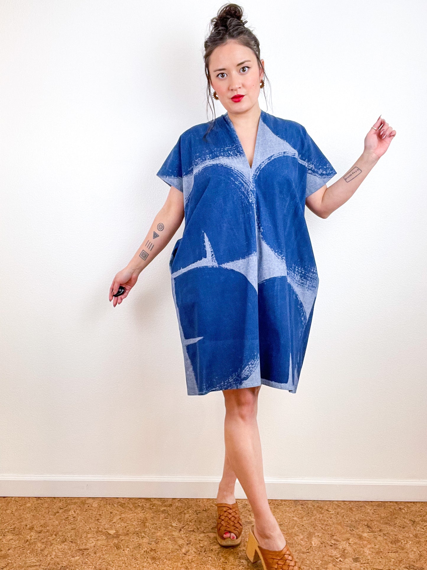 Chambray Smock Dress Hand-Dyed Indigo Brushstrokes