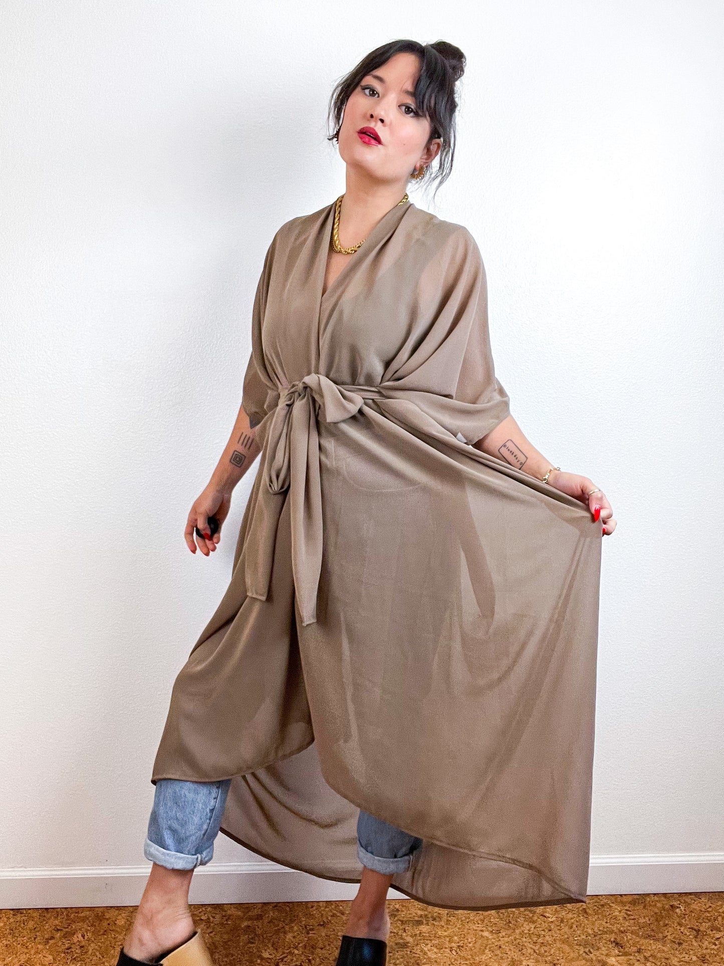 Solid High Low Kimono Cocoa Chiffon