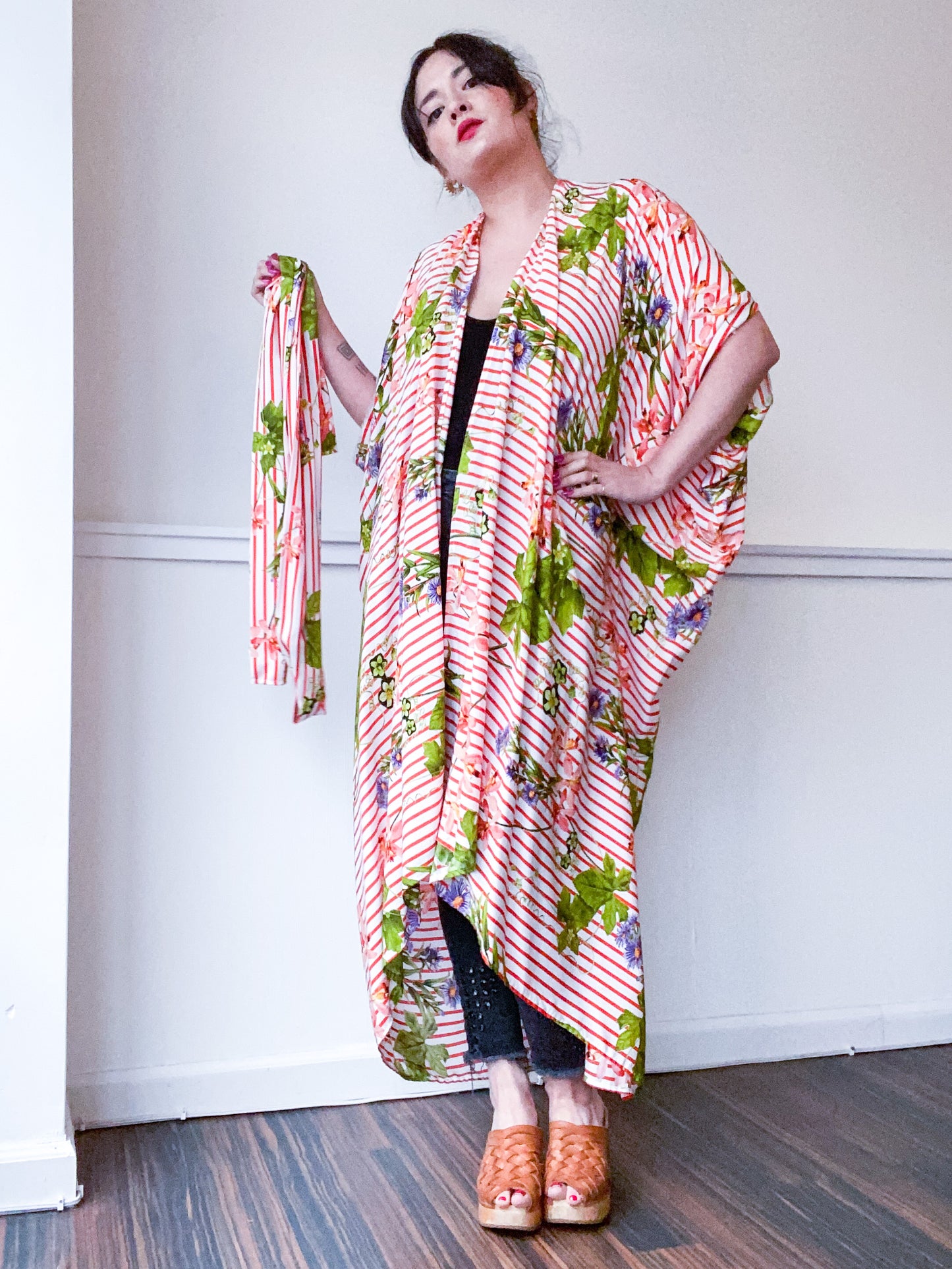 Print High Low Kimono Red Stripe Wildflowers Rayon Challis