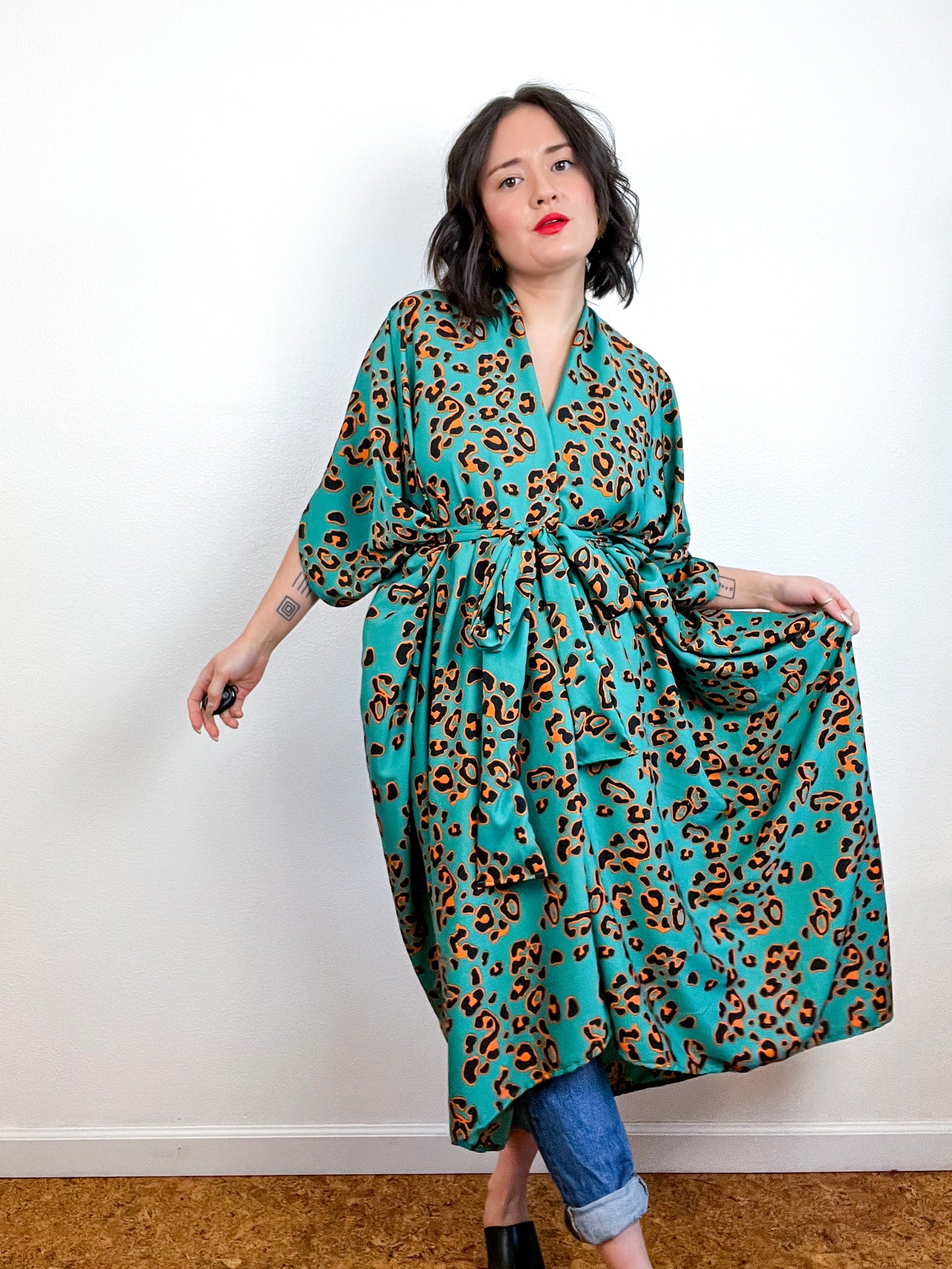 Print High Low Kimono Green Leopard Crepe de Chine