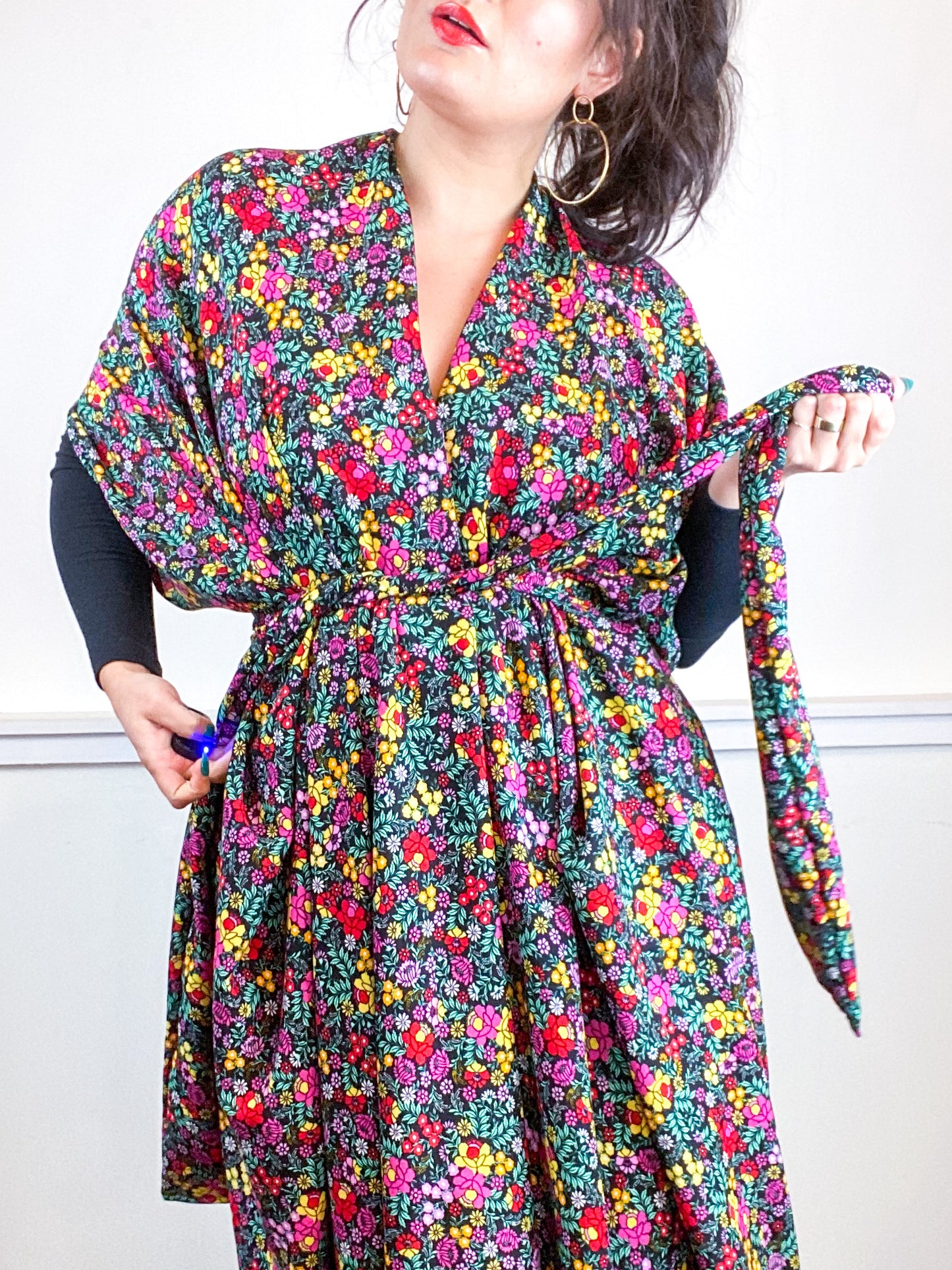 Print High Low Kimono Black Mini Floral Rayon Challis