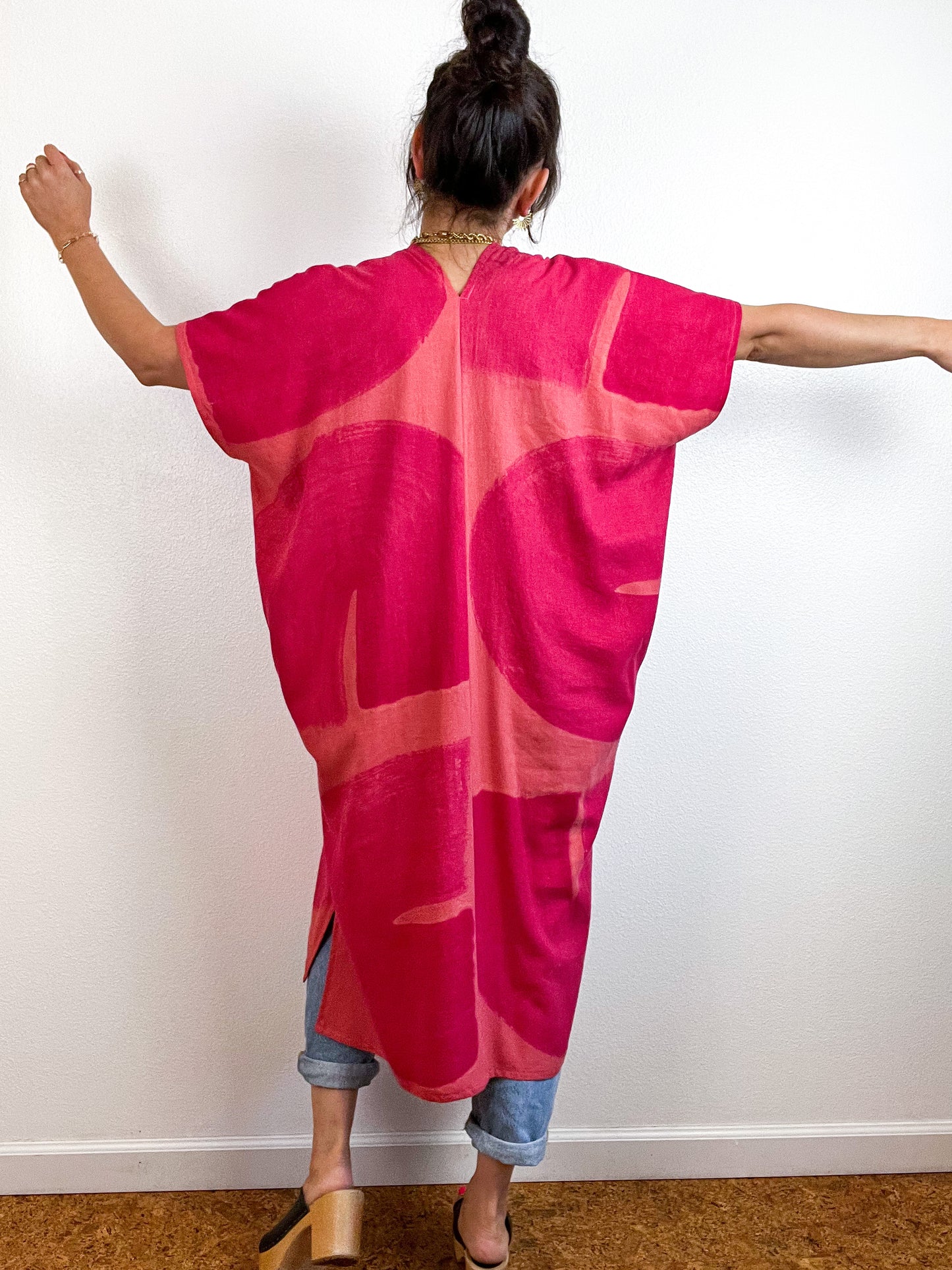 Hand-Dyed Midi Smock Dress Orange Fuchsia Brush