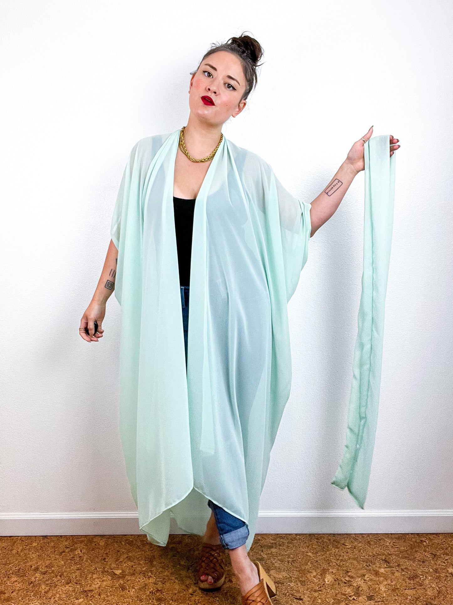 Solid High Low Kimono Mint Chiffon