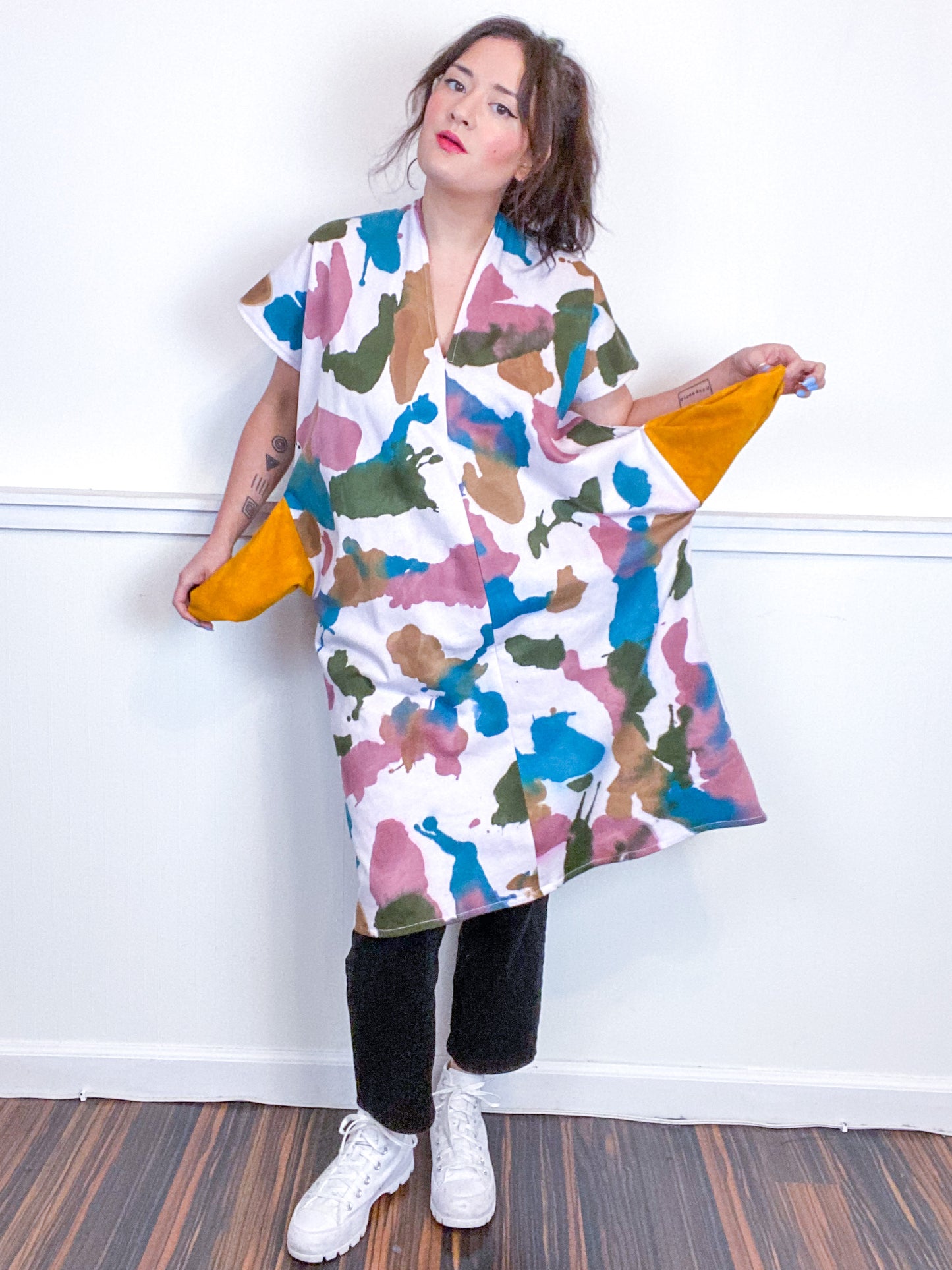 Hand-Dyed Sweatshirt Smock Dress Teal Maroon Moss Amber