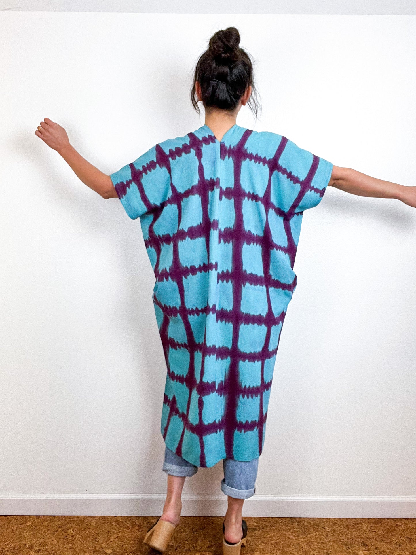 Hand-Dyed Midi Smock Dress Turquoise Maroon Windowpane