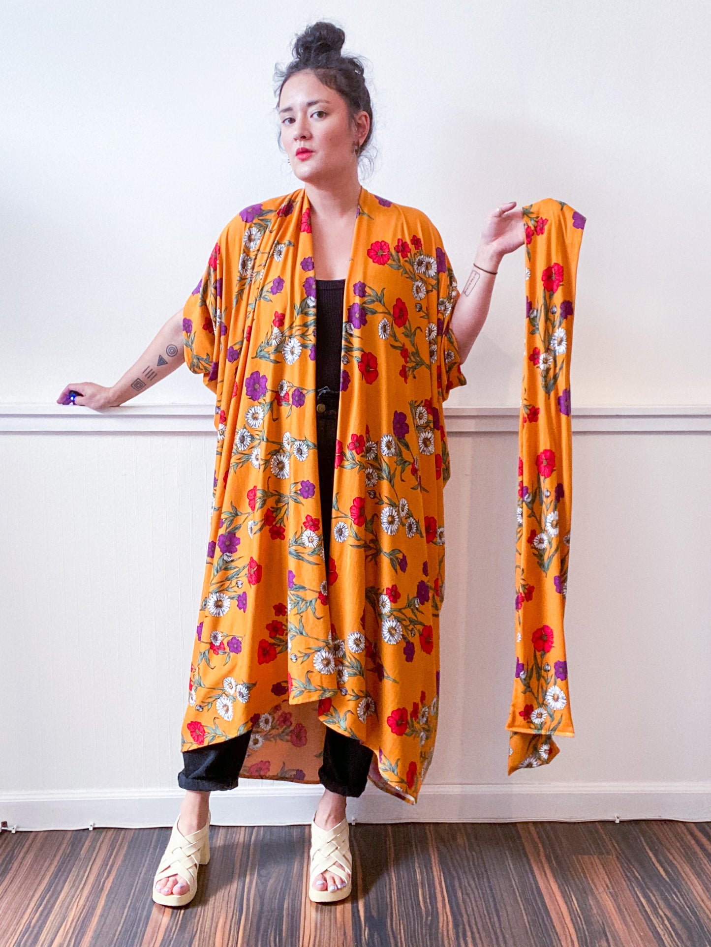 Print High Low Kimono Marigold Floral Knit