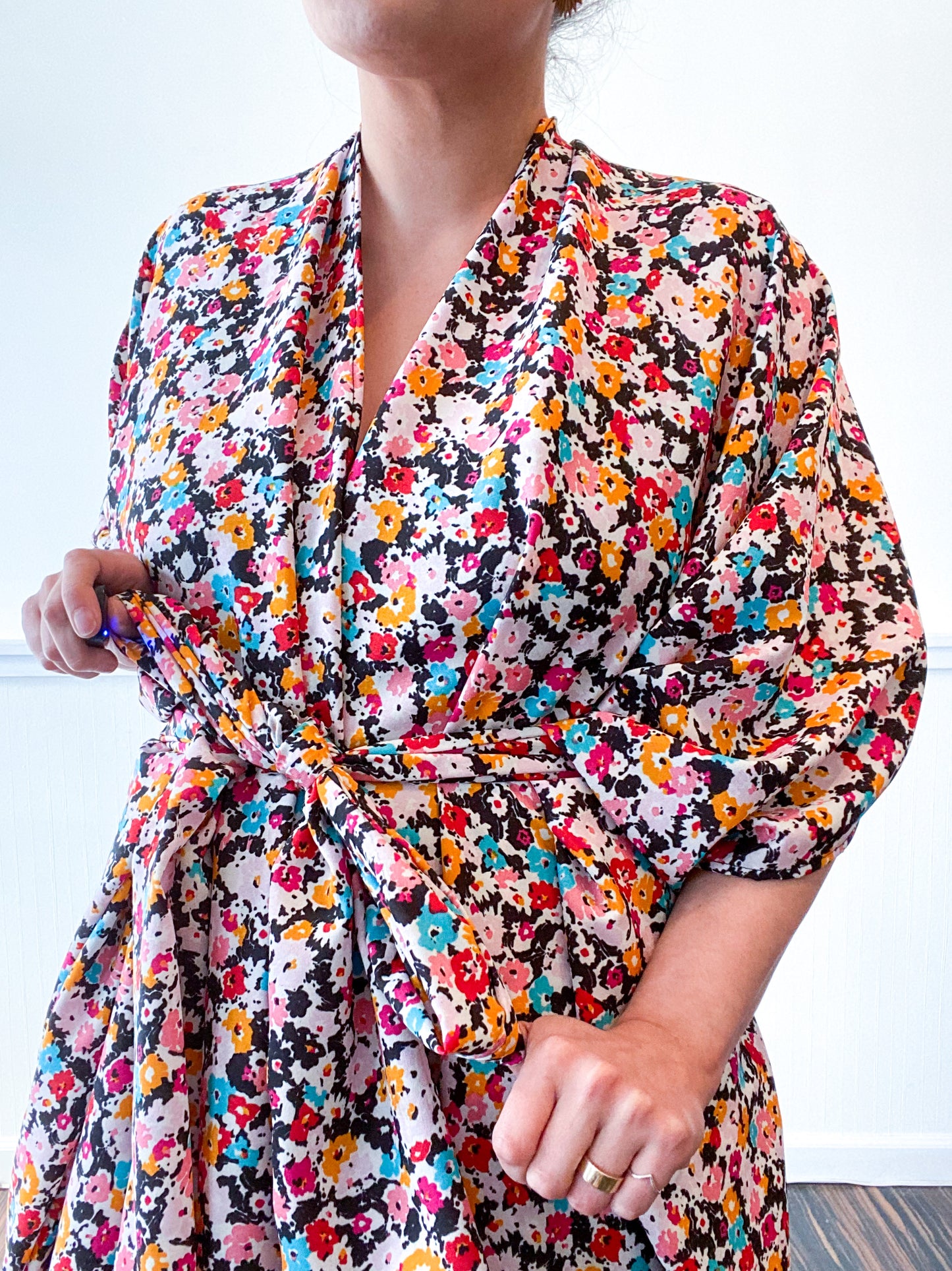 Print High Low Kimono Multicolor Mini Floral Crepe de Chine