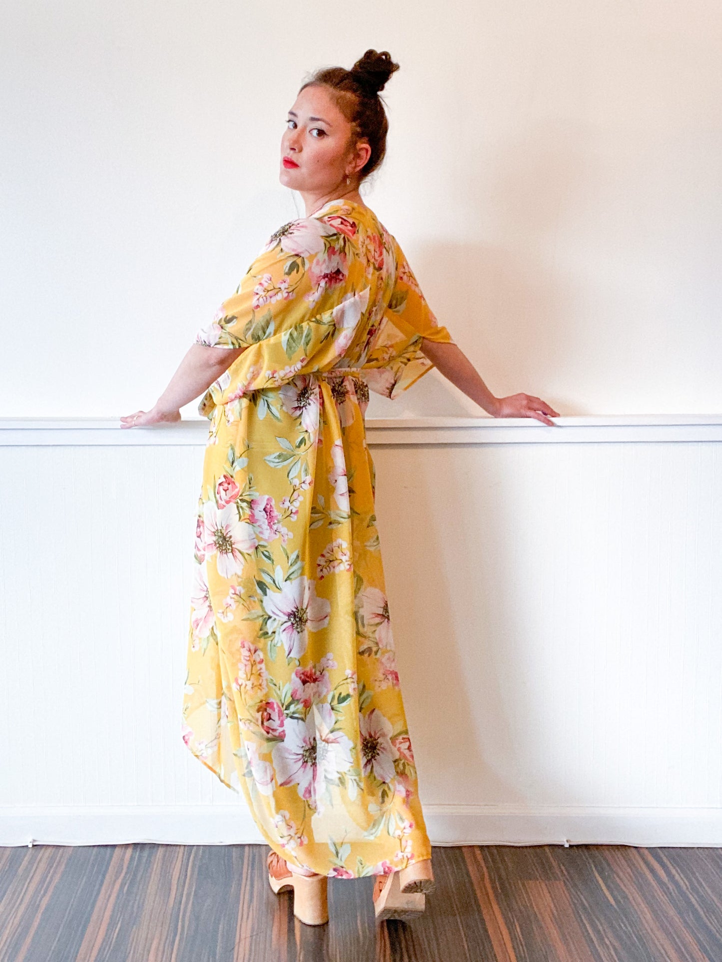 Print High Low Kimono Goldenrod Floral Chiffon