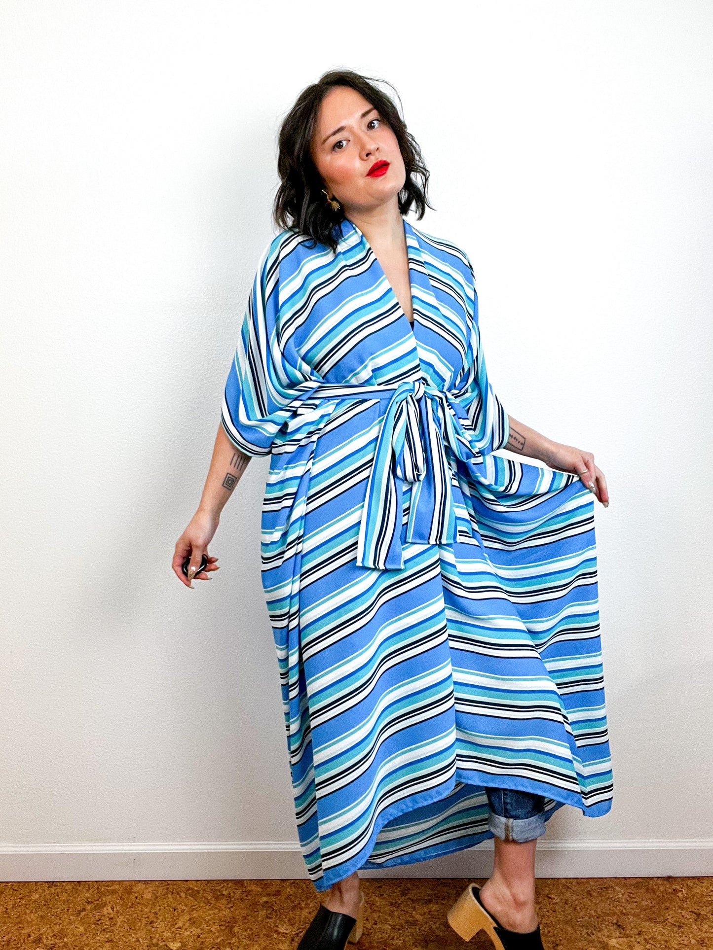 Print High Low Kimono Aqua Stripe Georgette