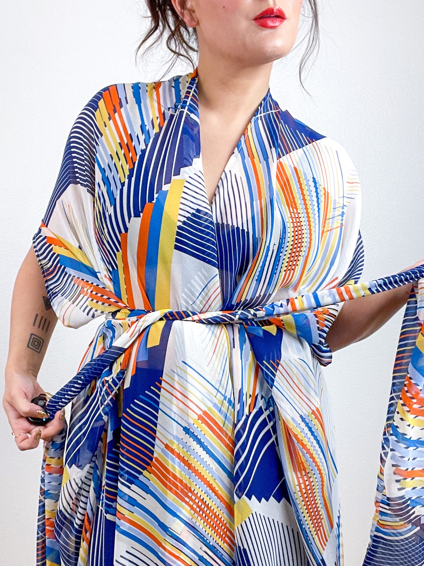 Print High Low Kimono Blue Orange Diagonals Chiffon