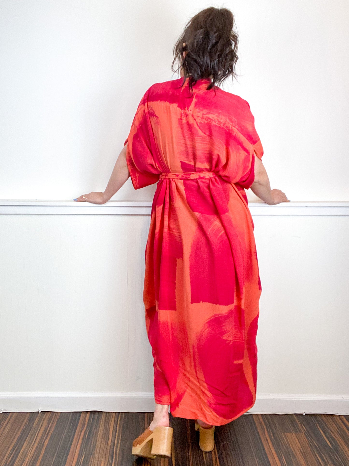 Hand-Dyed High Low Kimono Coral Fuchsia Brushstroke