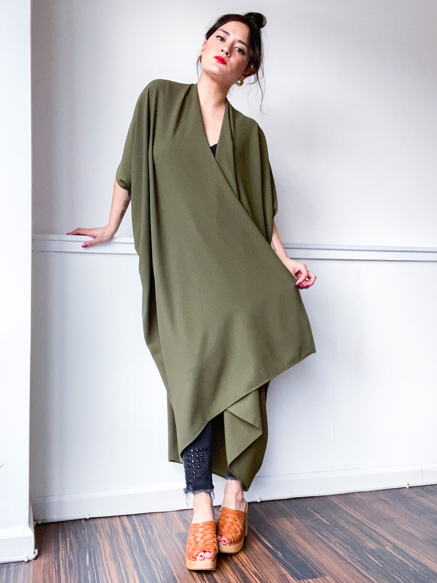 Solid High Low Kimono Olive Bubble Crepe