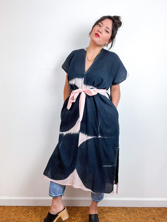 Single Gauze Midi Caftan Dress Blush Graphite Brushstrokes
