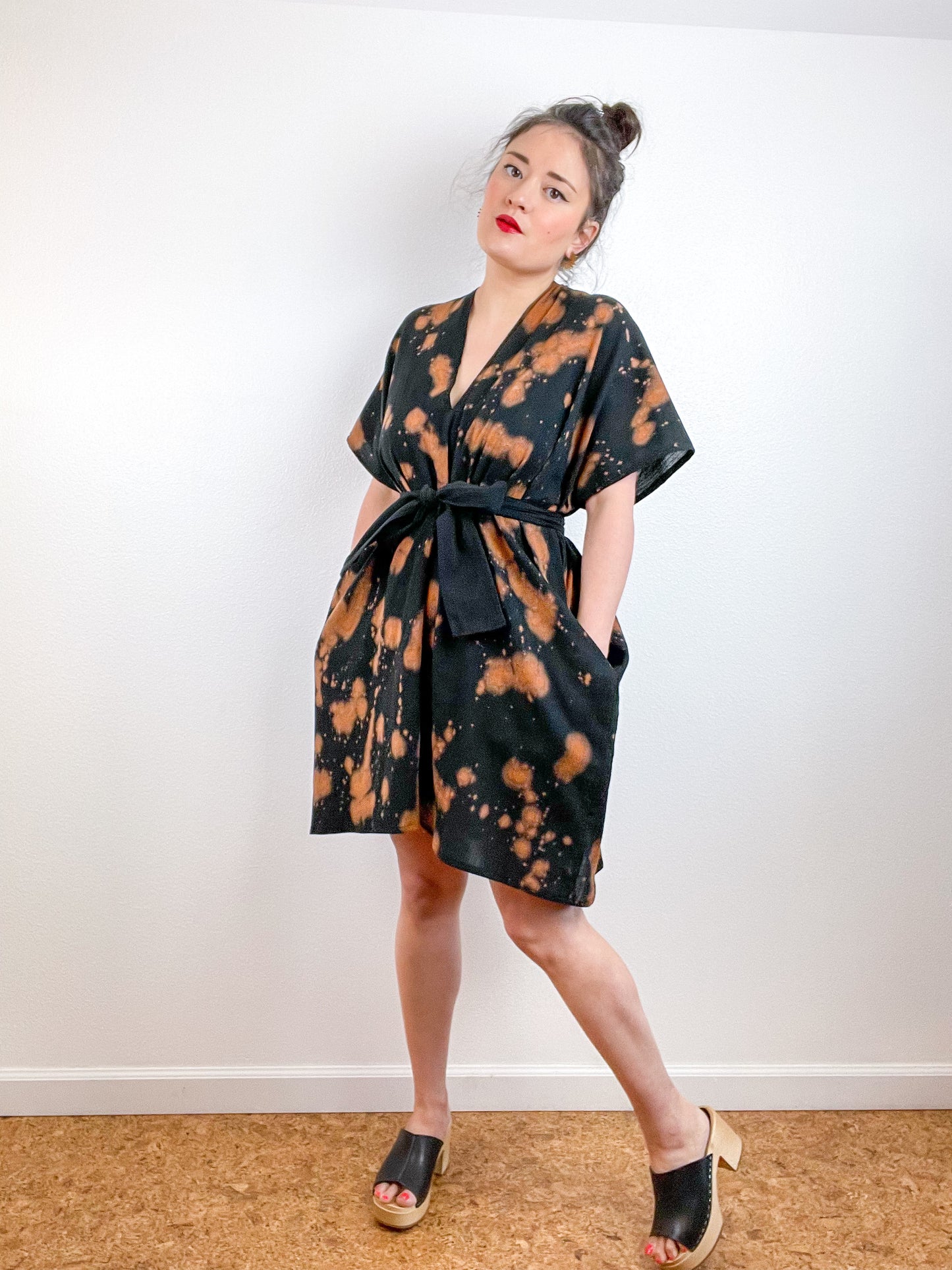 Single Gauze Mini Caftan Dress Black Rust