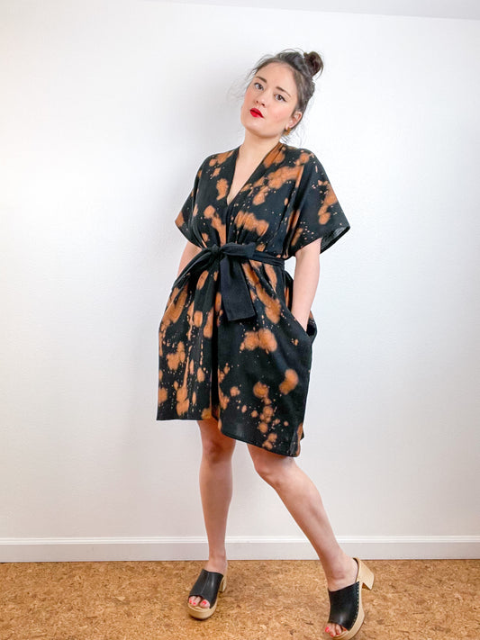 Single Gauze Mini Caftan Dress Black Rust