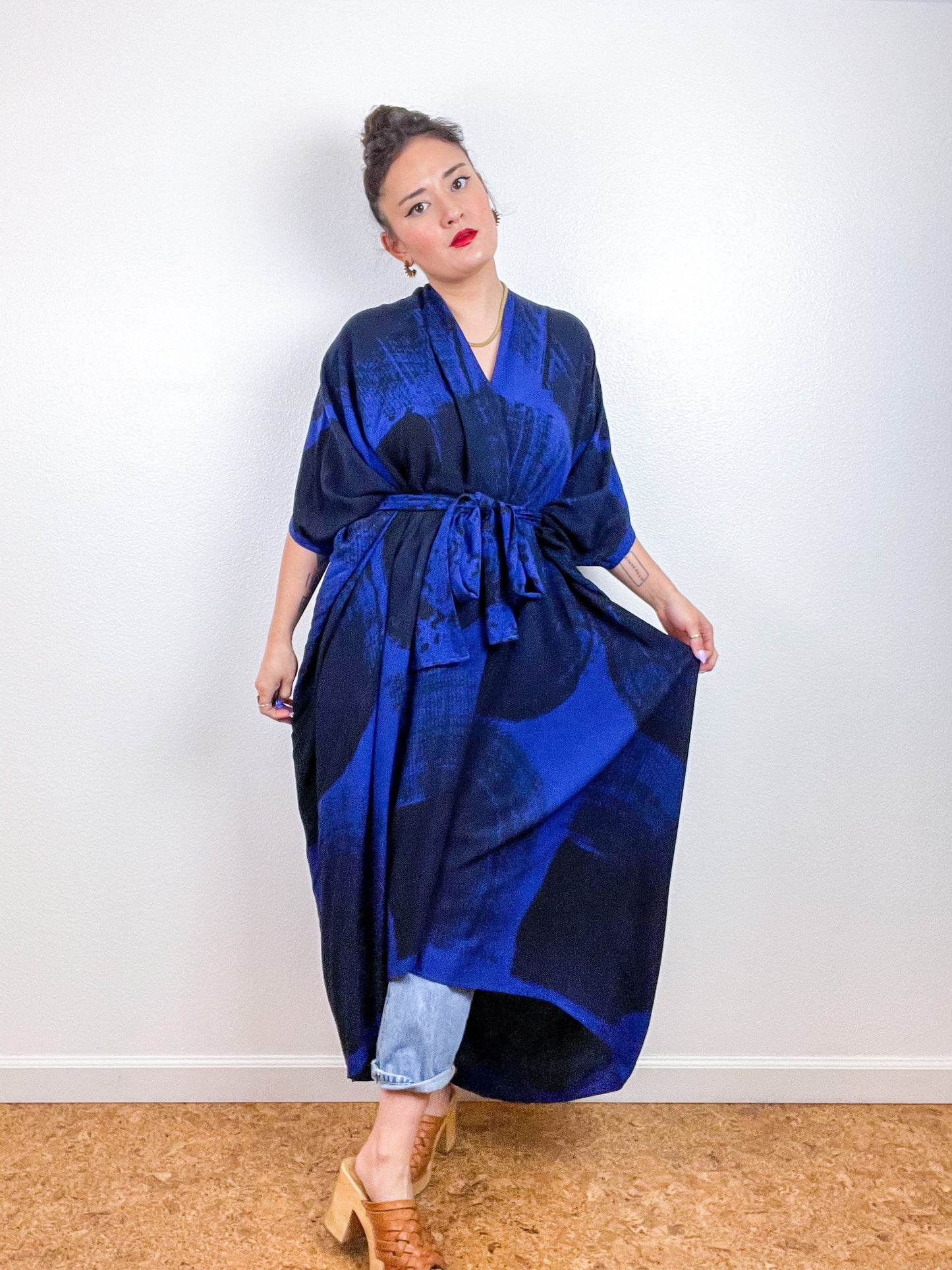 Hand-Dyed High Low Kimono Royal Blue Black Brushstroke