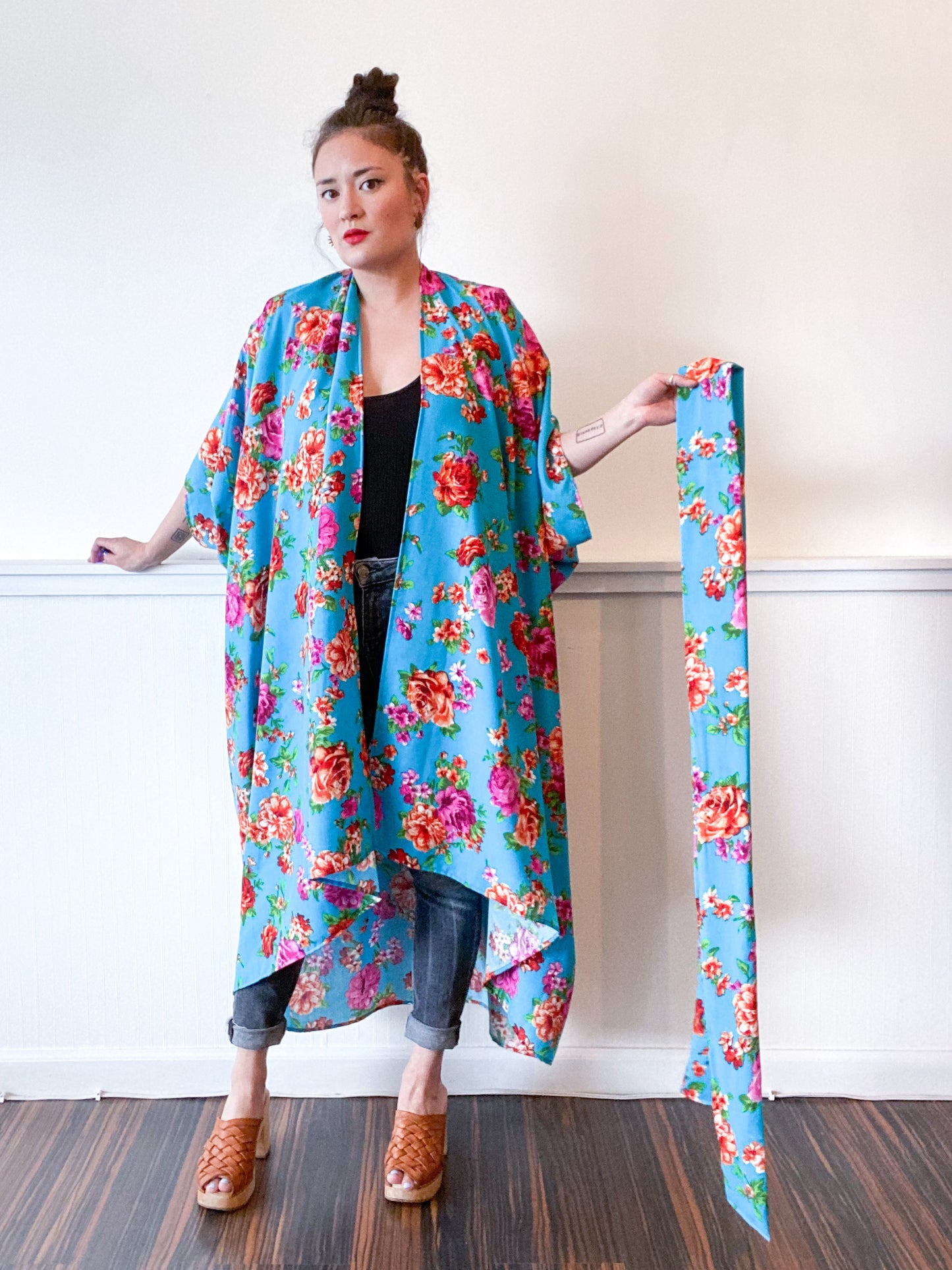 Print High Low Kimono Turquoise Floral Rayon Challis