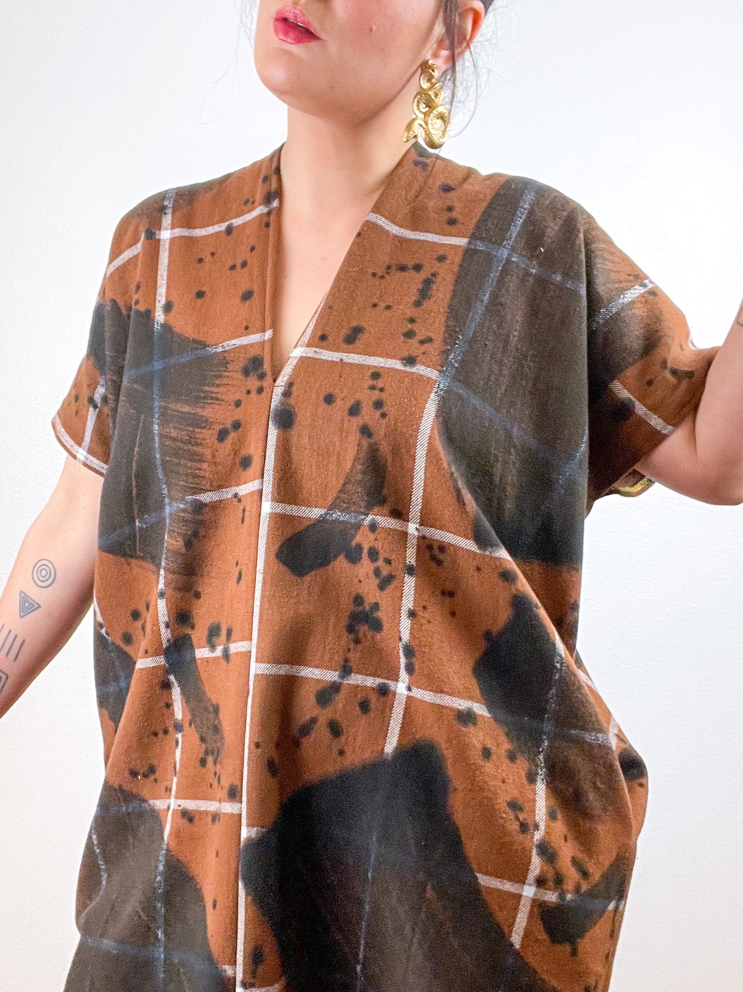 Disrupted Plaid Flannel Smock Dress Brown Brushstrokes