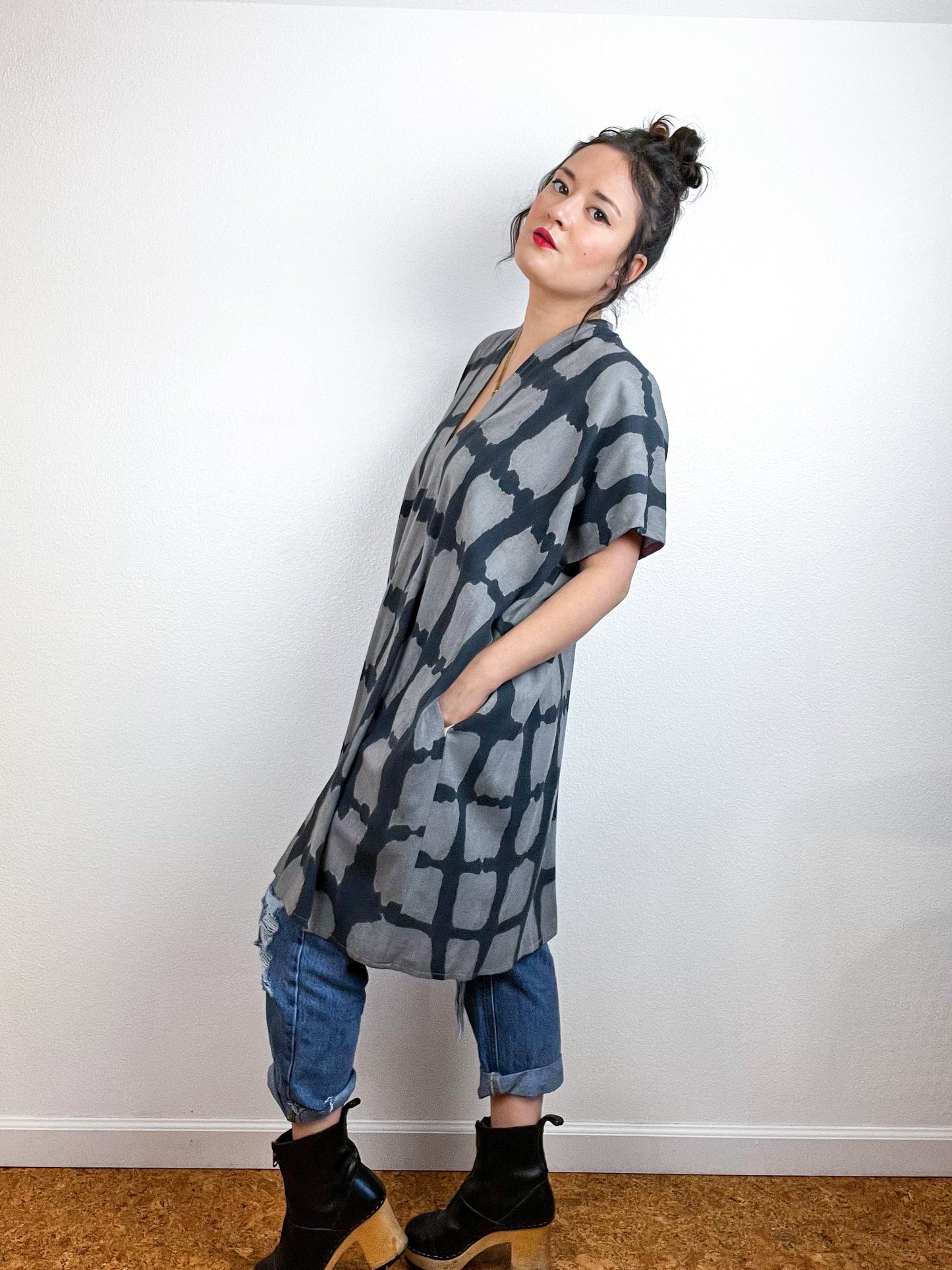 Hand-Dyed Mini Smock Dress Grey Black Windowpane