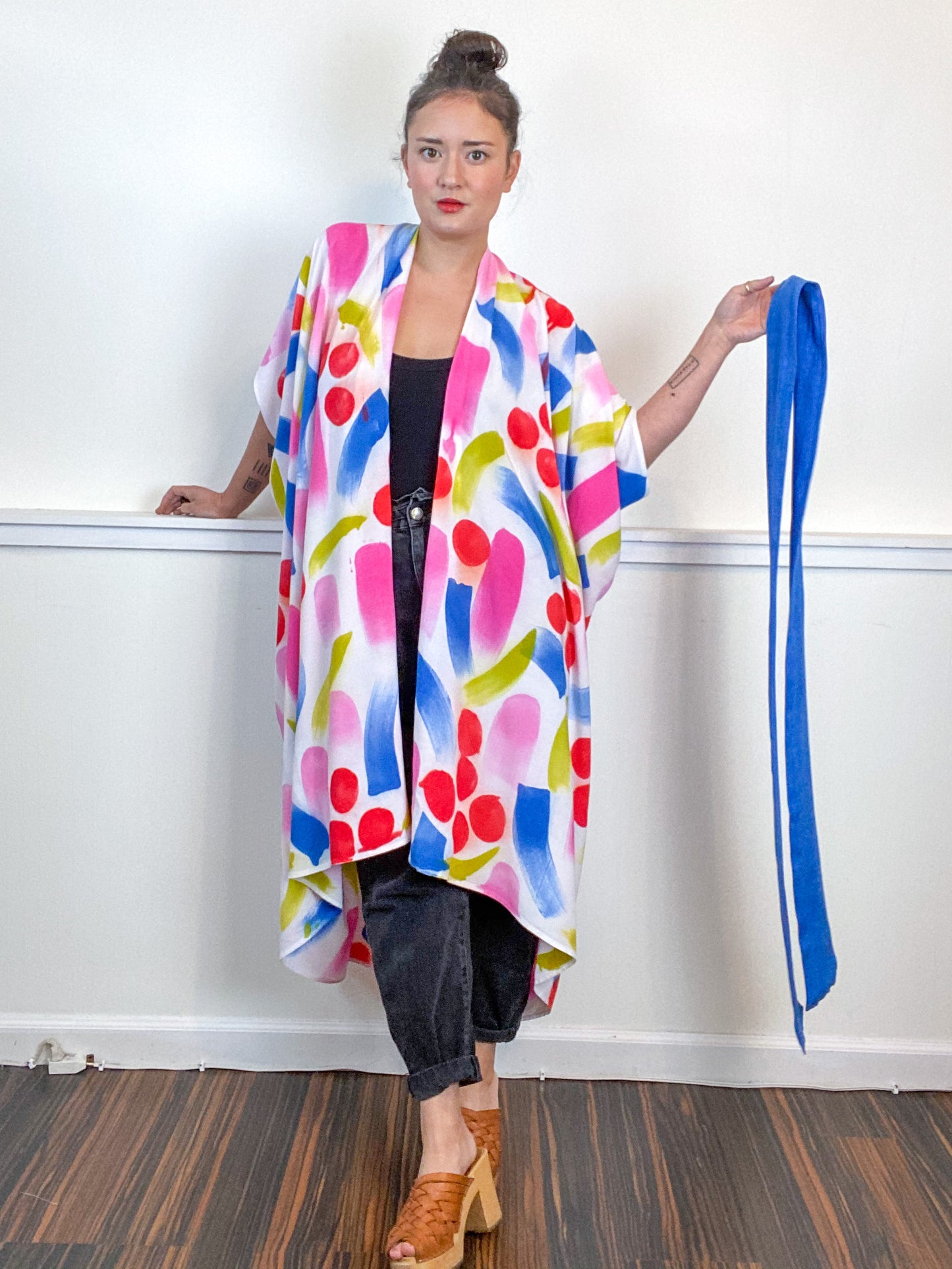 OOAK Hand-Dyed High Low Kimono Scarlet Pink Chartreuse Sky