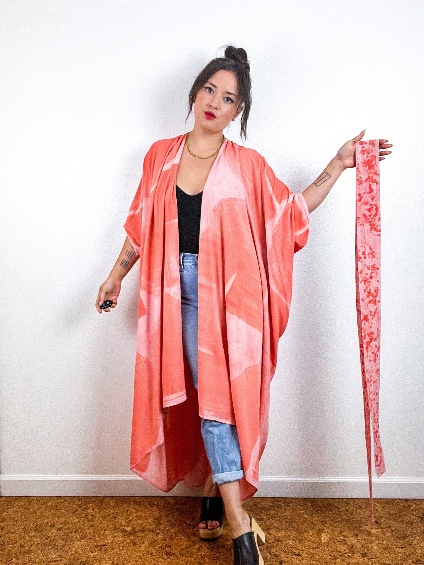 Hand-Dyed High Low Kimono Peach Coral Brushstroke