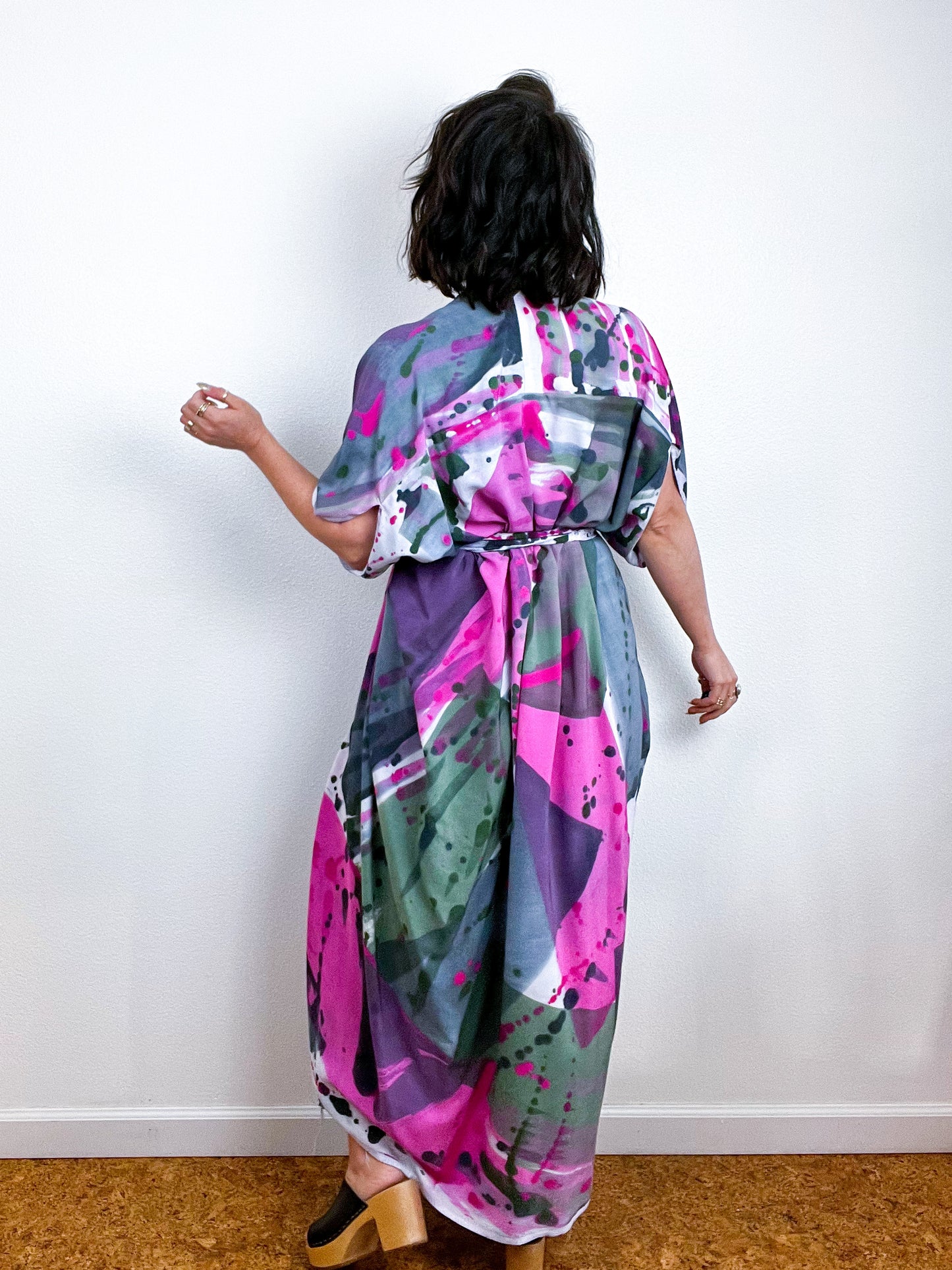 Hand-Dyed High Low Kimono Pink Olive Prism