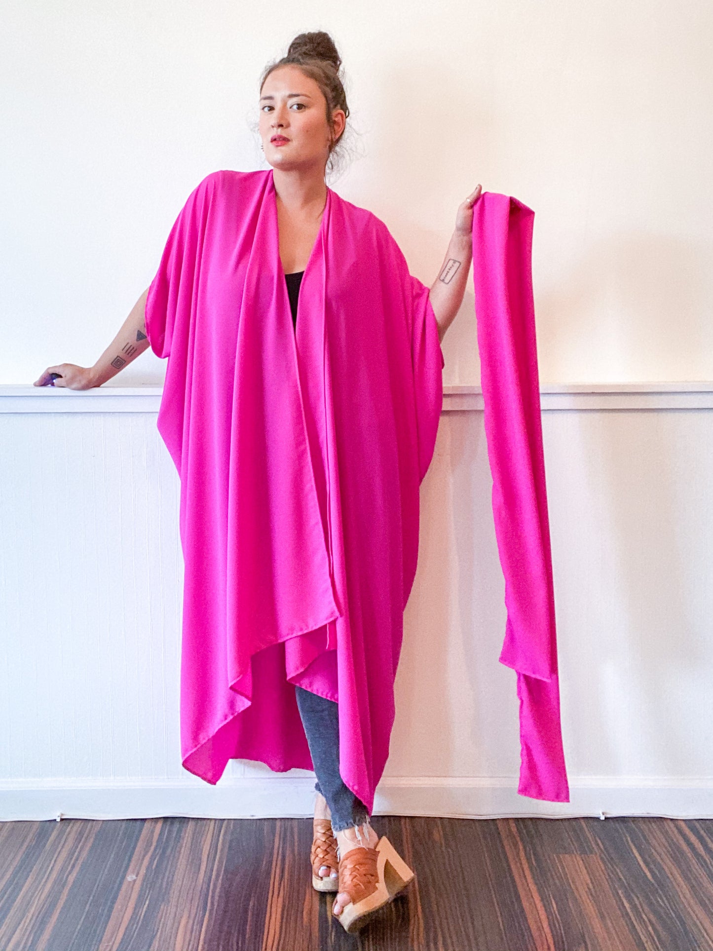 Solid High Low Kimono Hot Pink Georgette