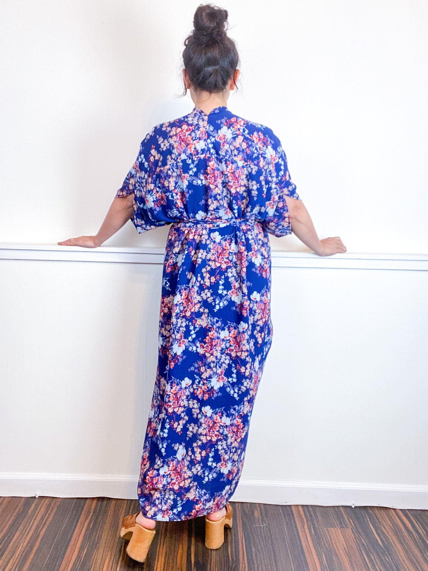 Print High Low Kimono Navy Wildflower Bubble Crepe