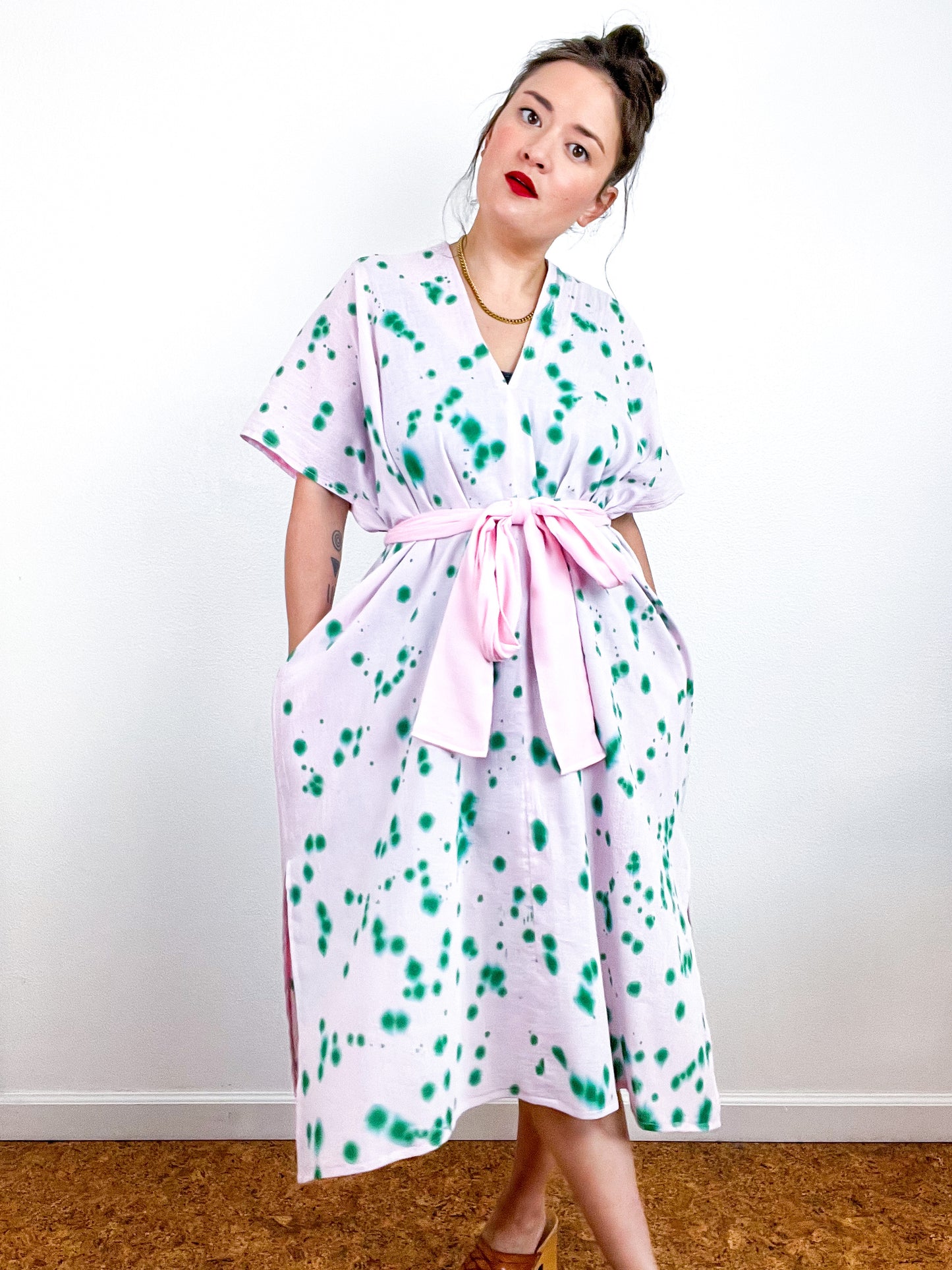 Single Gauze Midi Caftan Dress Blush Green Speckle