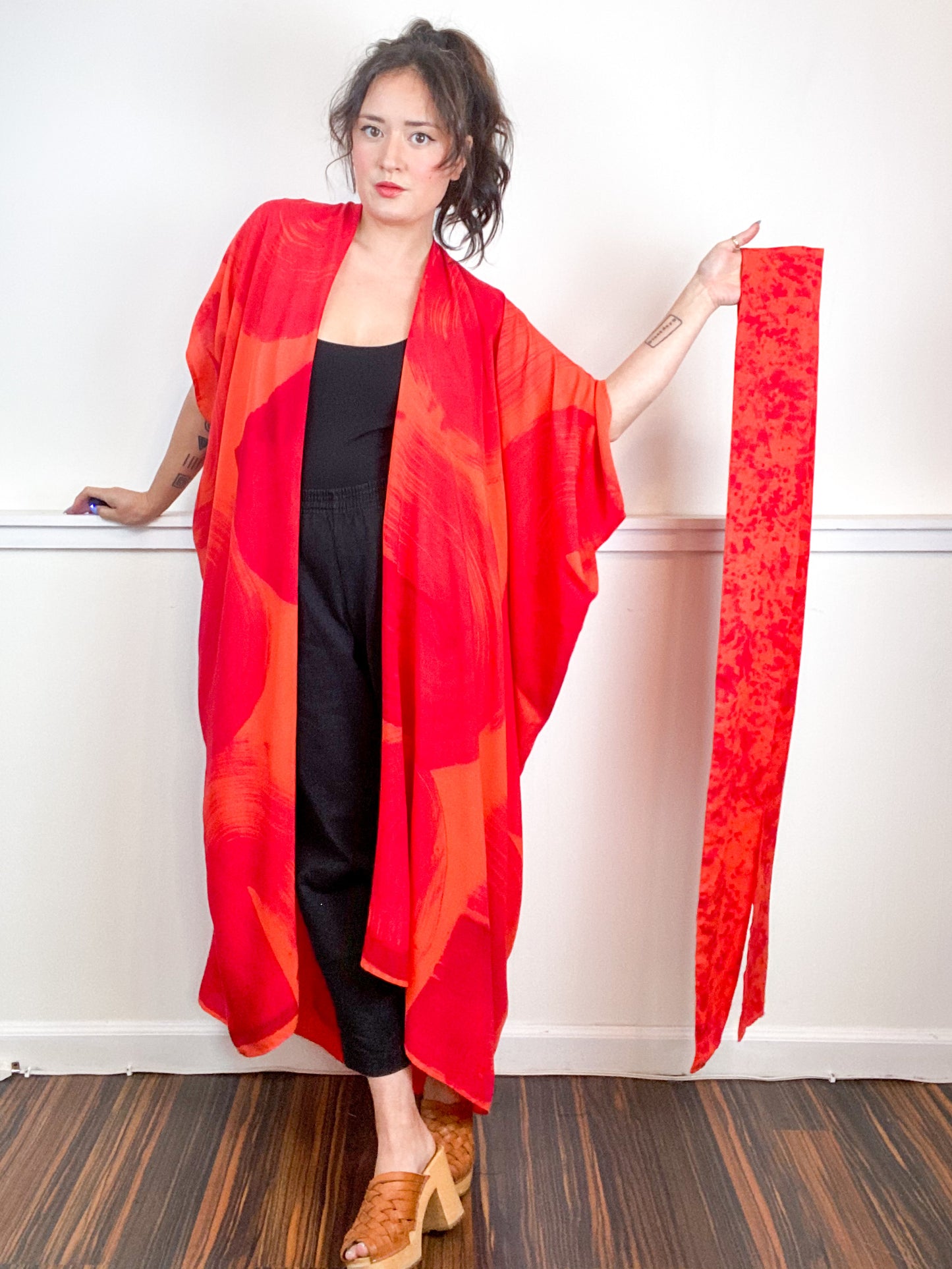 Hand-Dyed High Low Kimono Tangerine Fuchsia Brushstroke