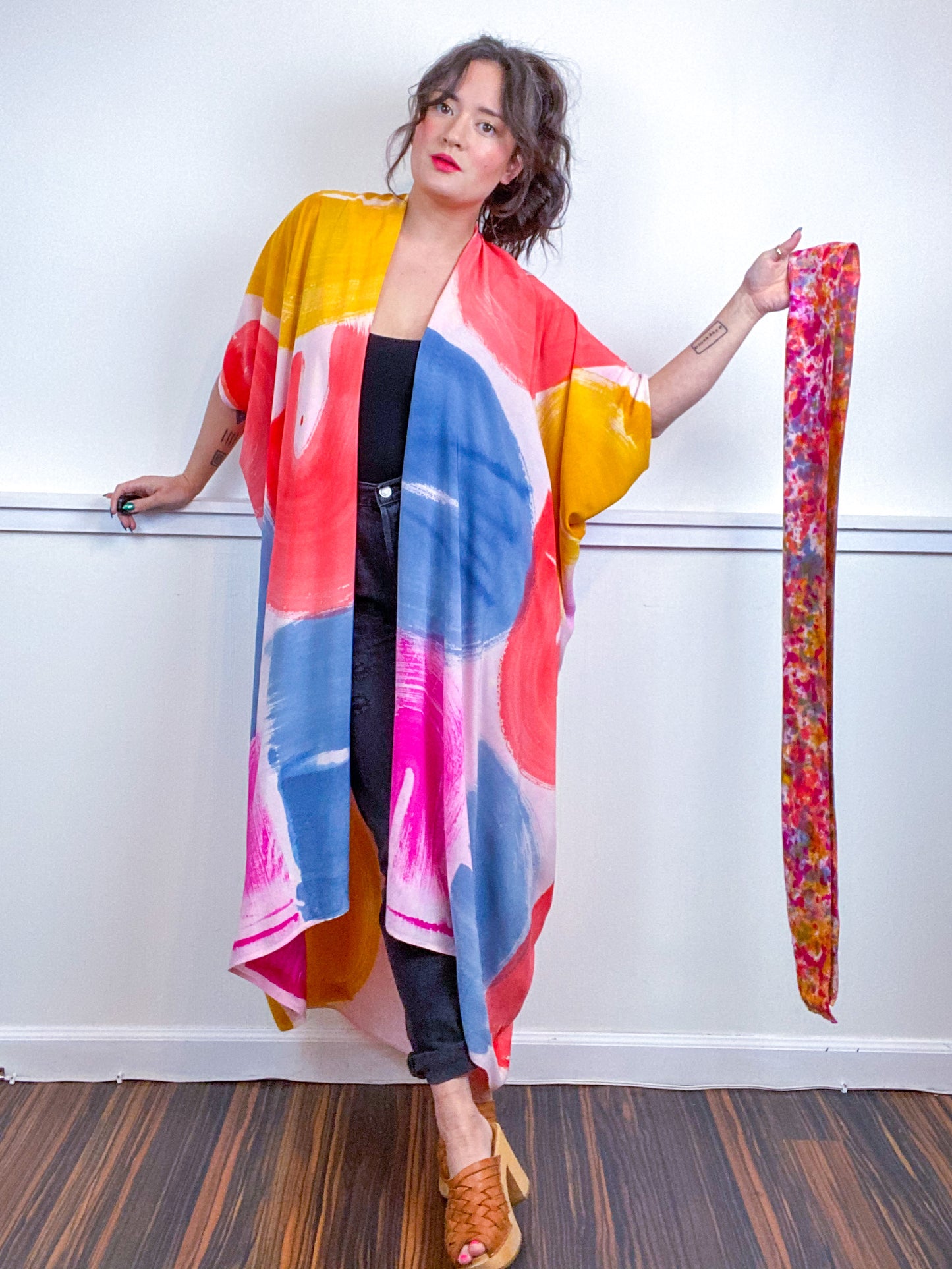 OOAK Hand-Dyed High Low Kimono Multicolor Brushstrokes