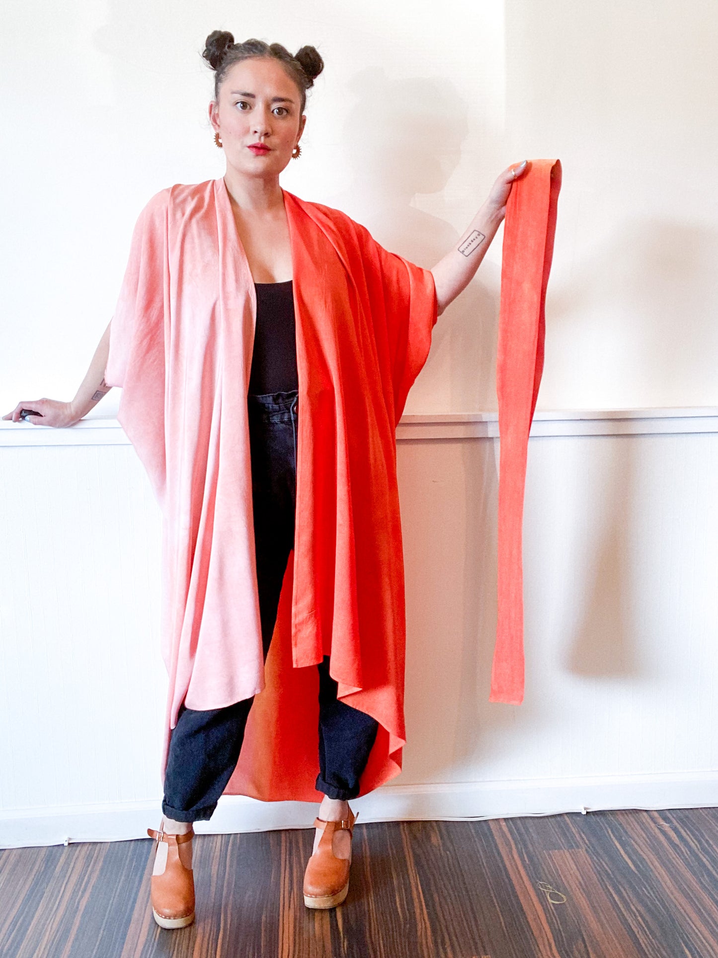 Hand-Dyed High Low Kimono Two Tone Powder Pink Tangerine