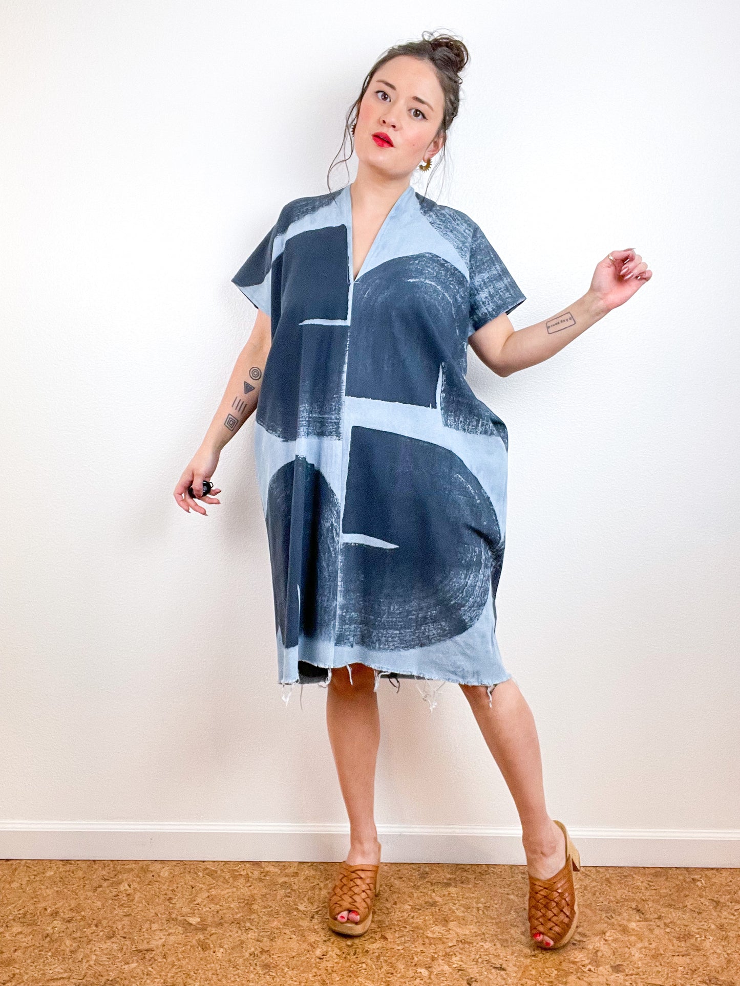 Denim Smock Dress Hand-Dyed Brushstrokes