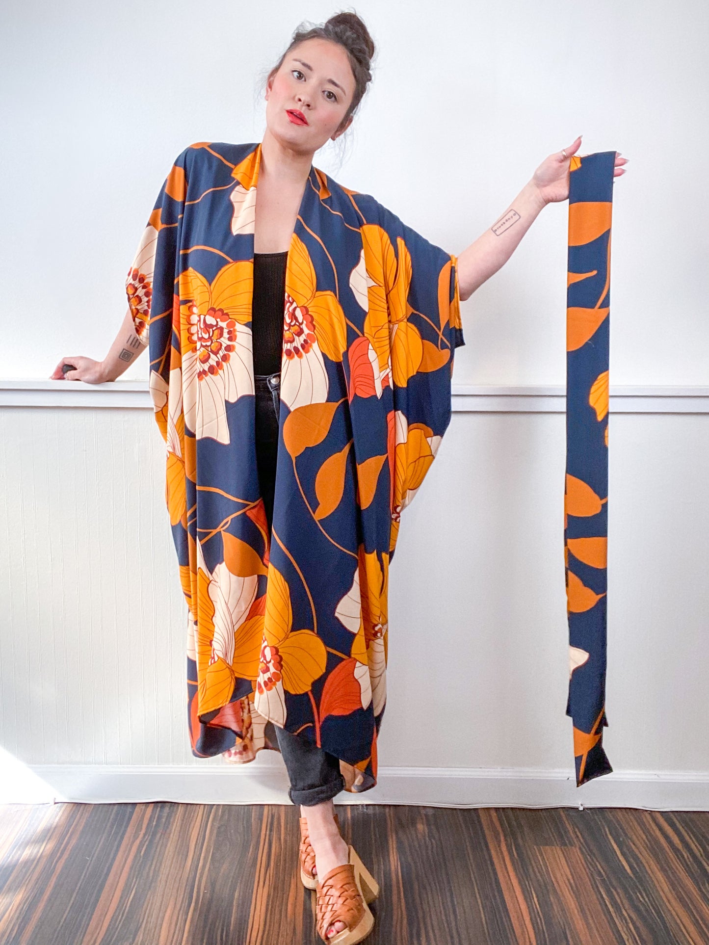Print High Low Kimono Giant Retro Floral Challis