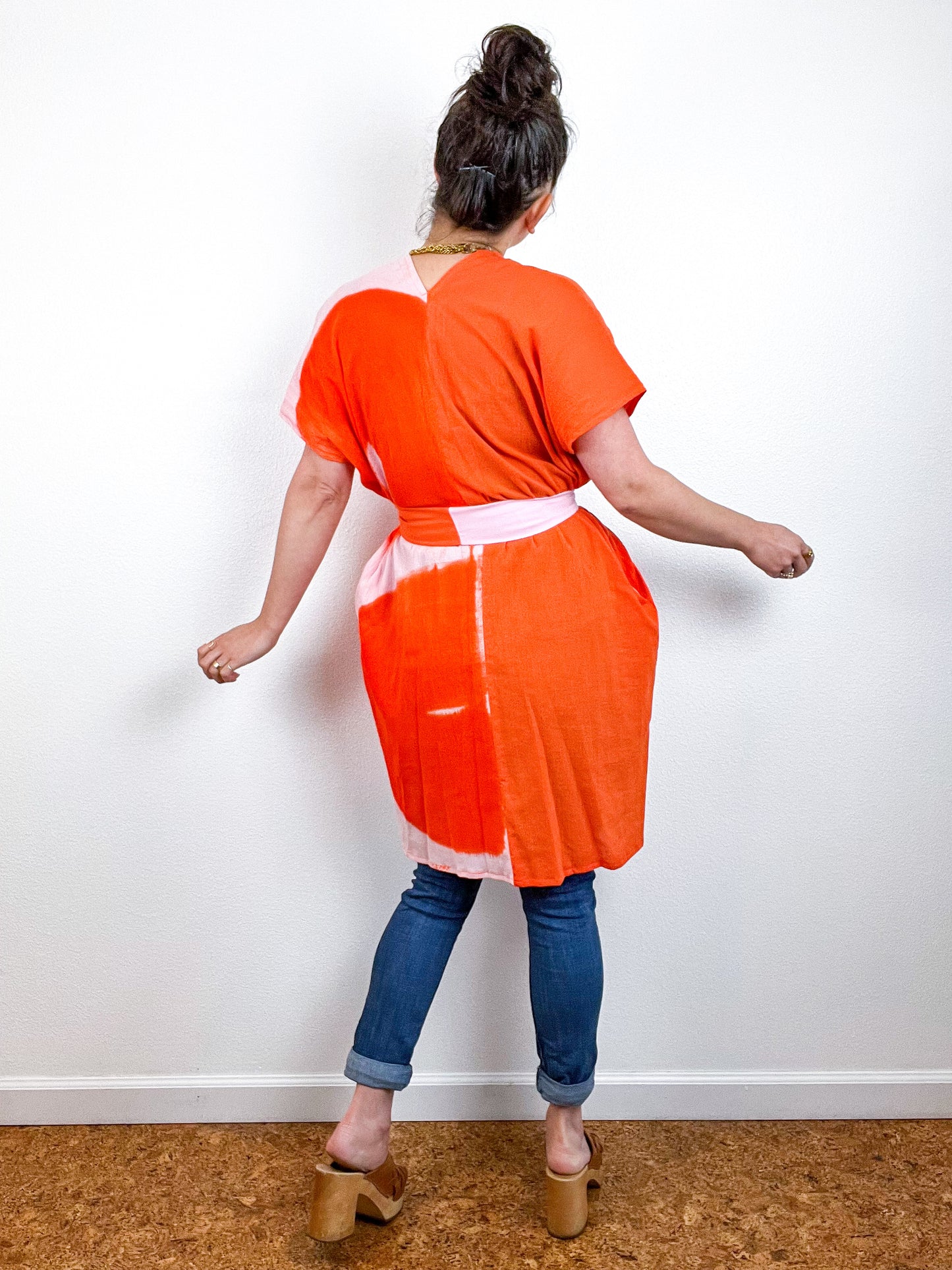 Single Gauze Mini Caftan Dress Blush Tangerine Brushstrokes