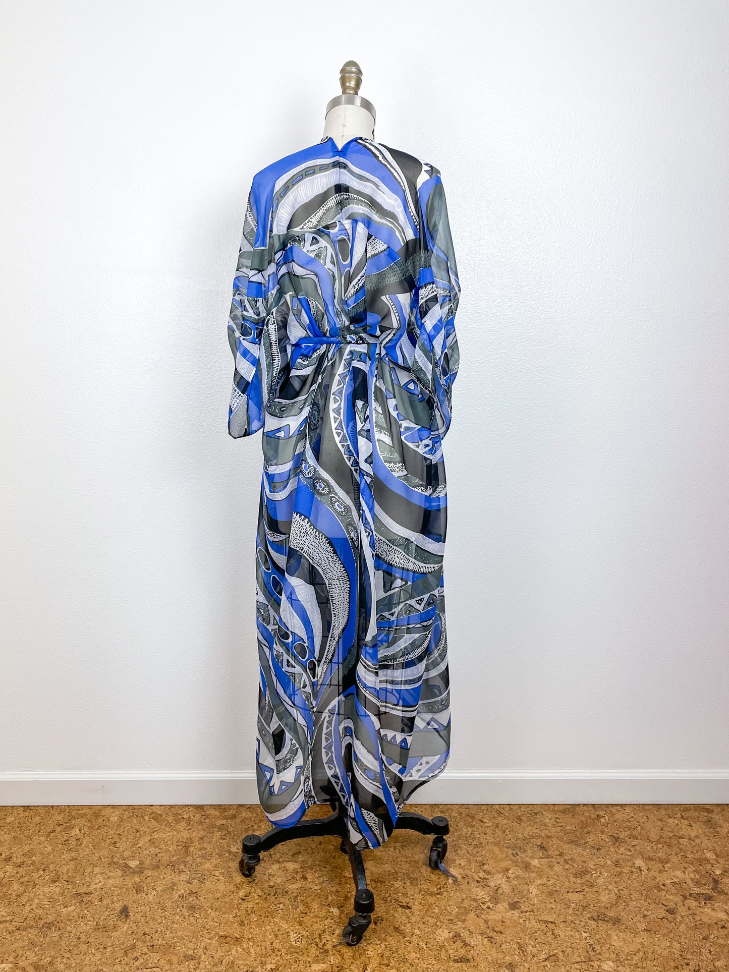 Print High Low Kimono Blue Swirl Silk Chiffon