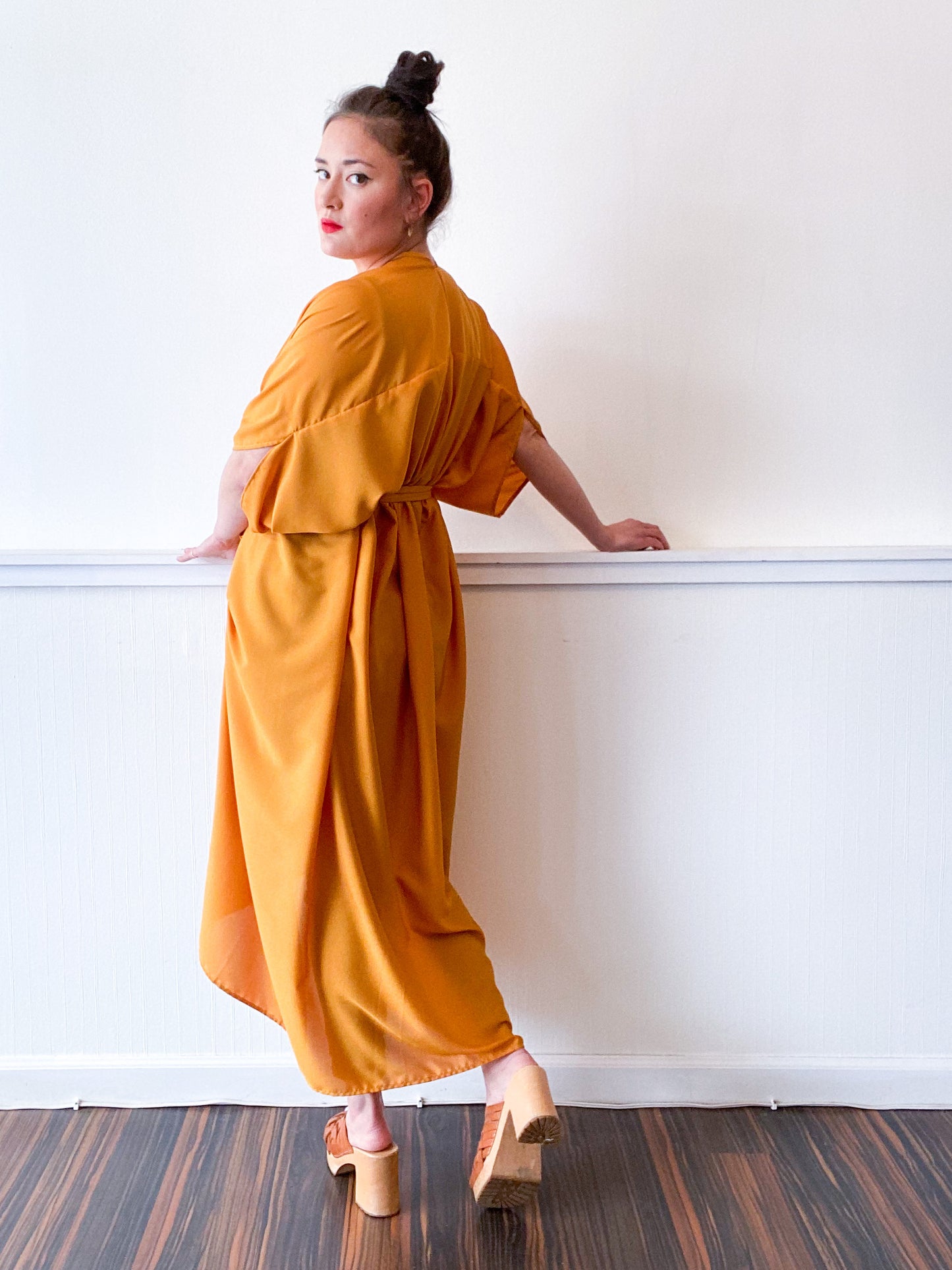 Print High Low Kimono Solid Marigold Crepe de Chine