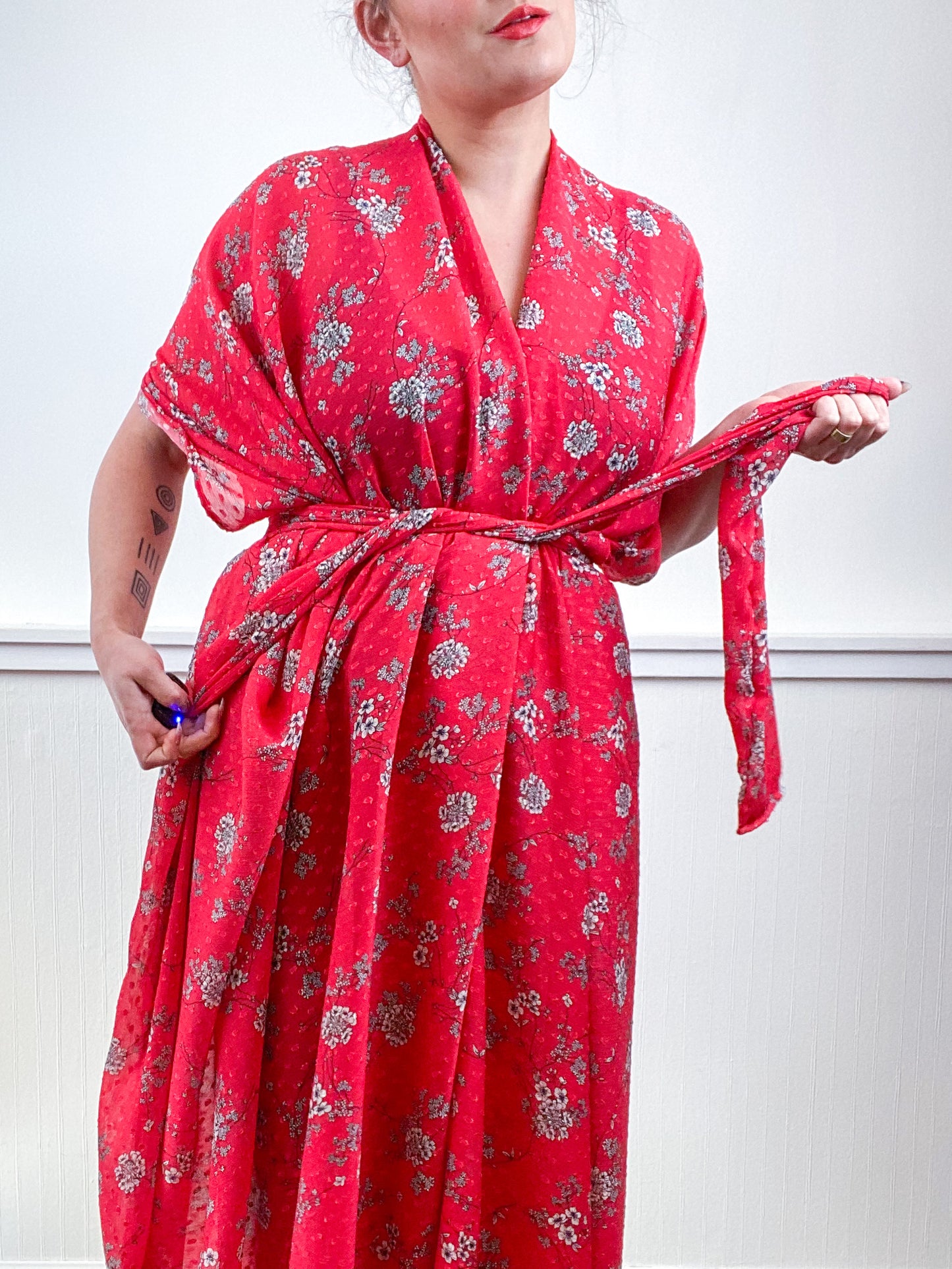 Print High Low Kimono Red Swiss Dot Chiffon