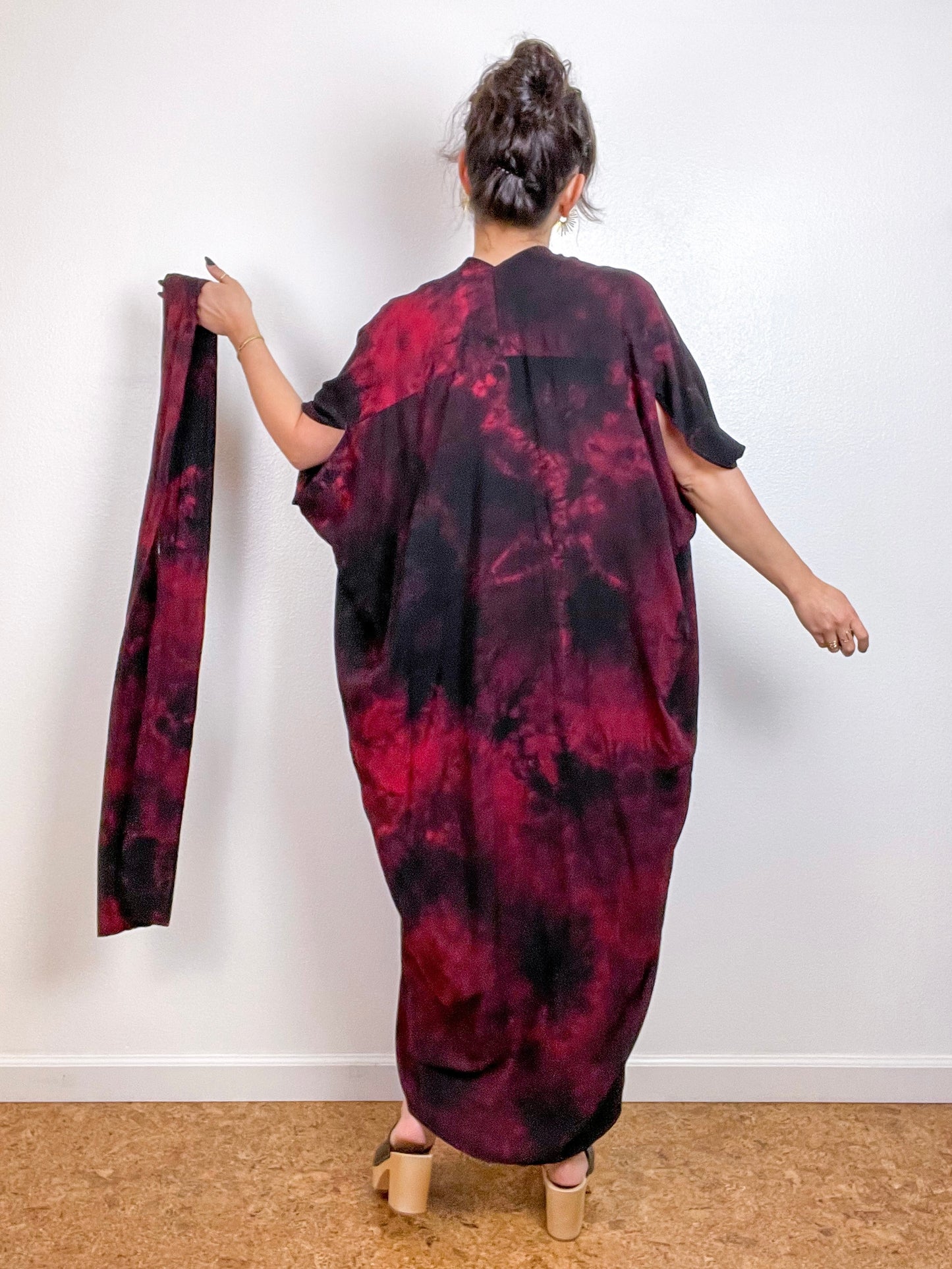 Hand-Dyed High Low Kimono Crimson Black Tie