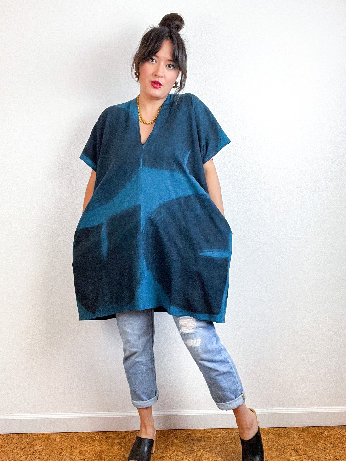 Hand-Dyed Mini Smock Dress Teal Black Brush